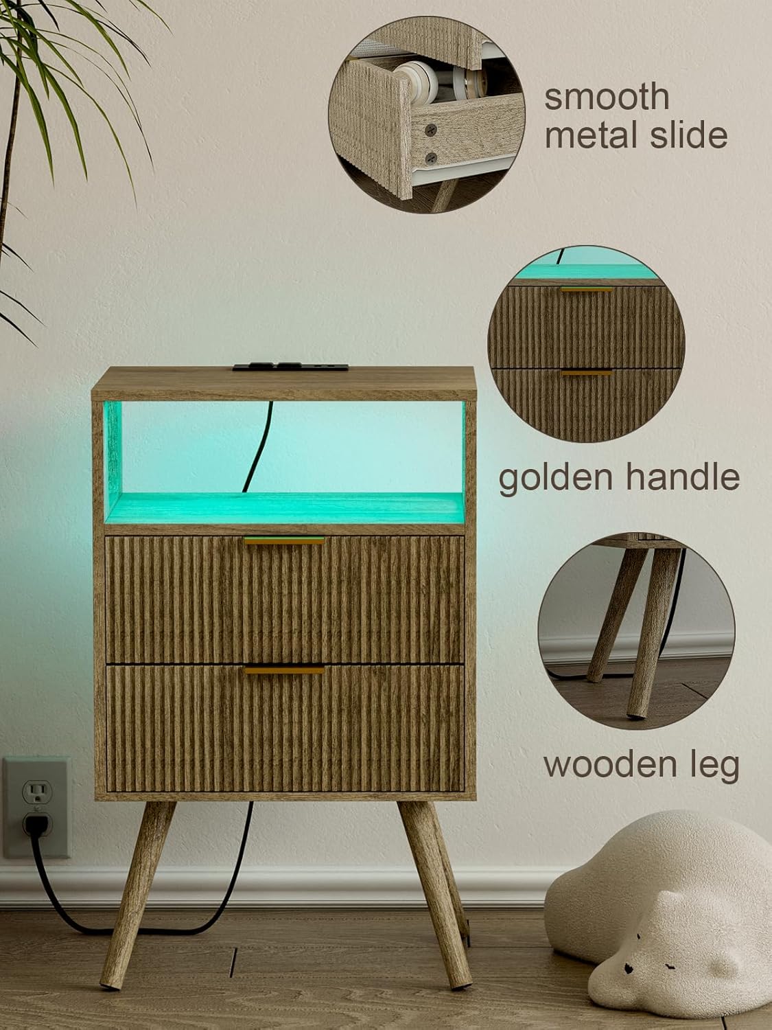 Nightstand with Charging Station and LED Lights, Modern Bedside Table with 2 Storage Drawer and Open Wood Shelf for Bedroom and Small Spaces, Night Stand with Solid Wood Legs