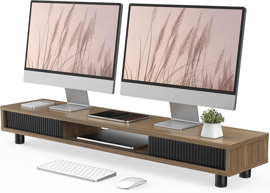 Fenge Dual Monitor Stand, 42.5inch Long Monitor Stands Riser for 2 Monitors, Sliding Door with Storage Organizer Stand for Desk, 2 Tier Desk Shelf for Laptop, Pc, Printer, Computer, TV