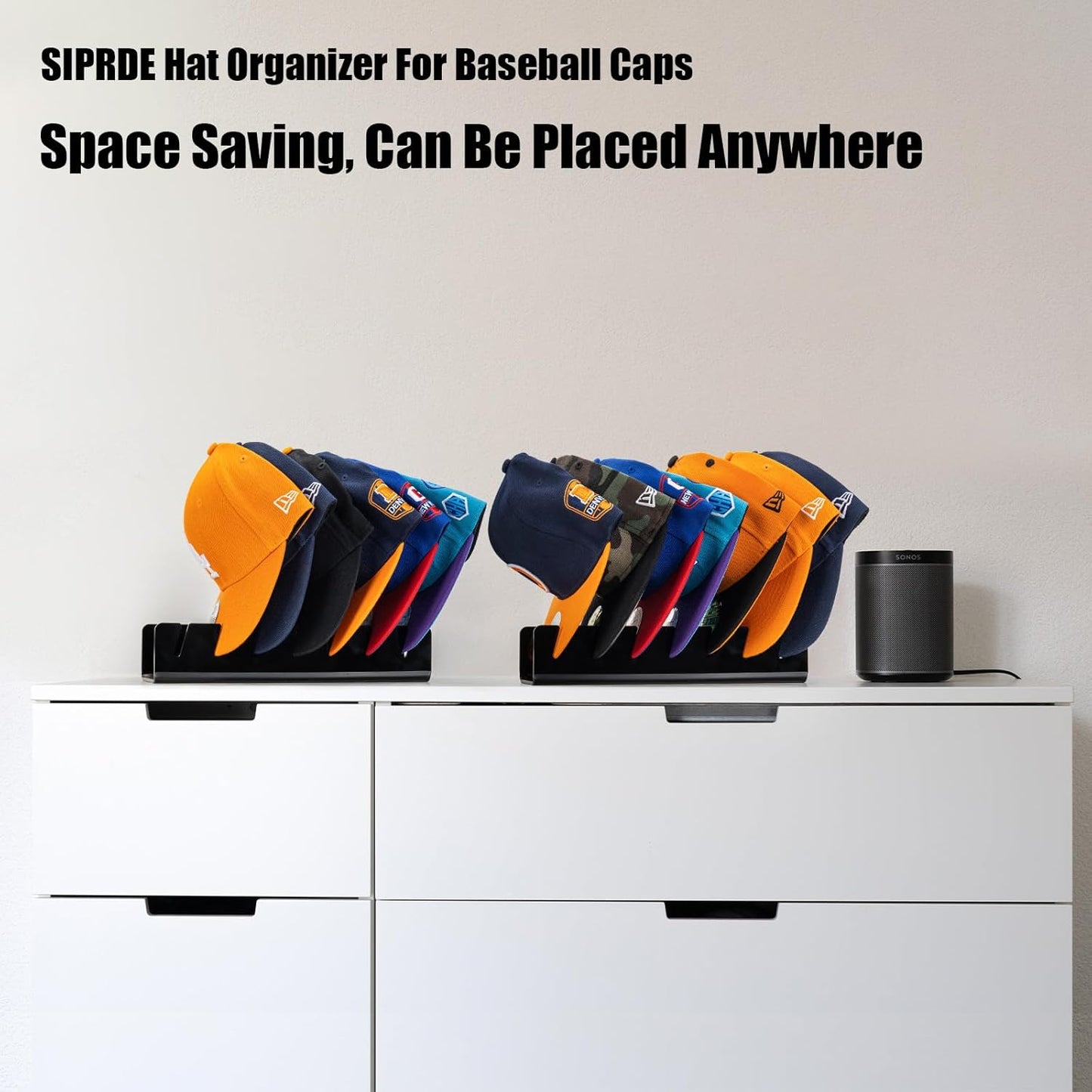 SIPRDE Hat Racks for Baseball Caps Display and Organizer - 2 Pack, No Install Acrylic Hat Racks for 14 Baseball Caps for Bedroom, Closet, Dresser(Black)
