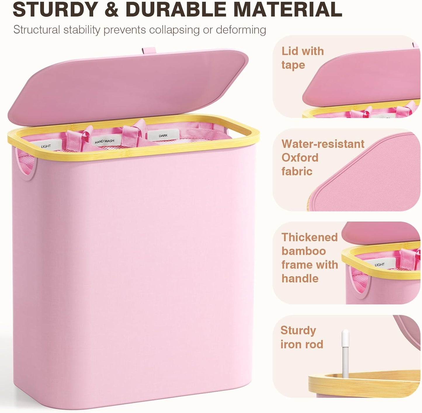 Hampers for Laundry Basket with Lid, 145L Extra Large 3 Section Clothes Divided Organizer for Bedroom, Laundry Room, Dirty Clothing Hamper, Pink