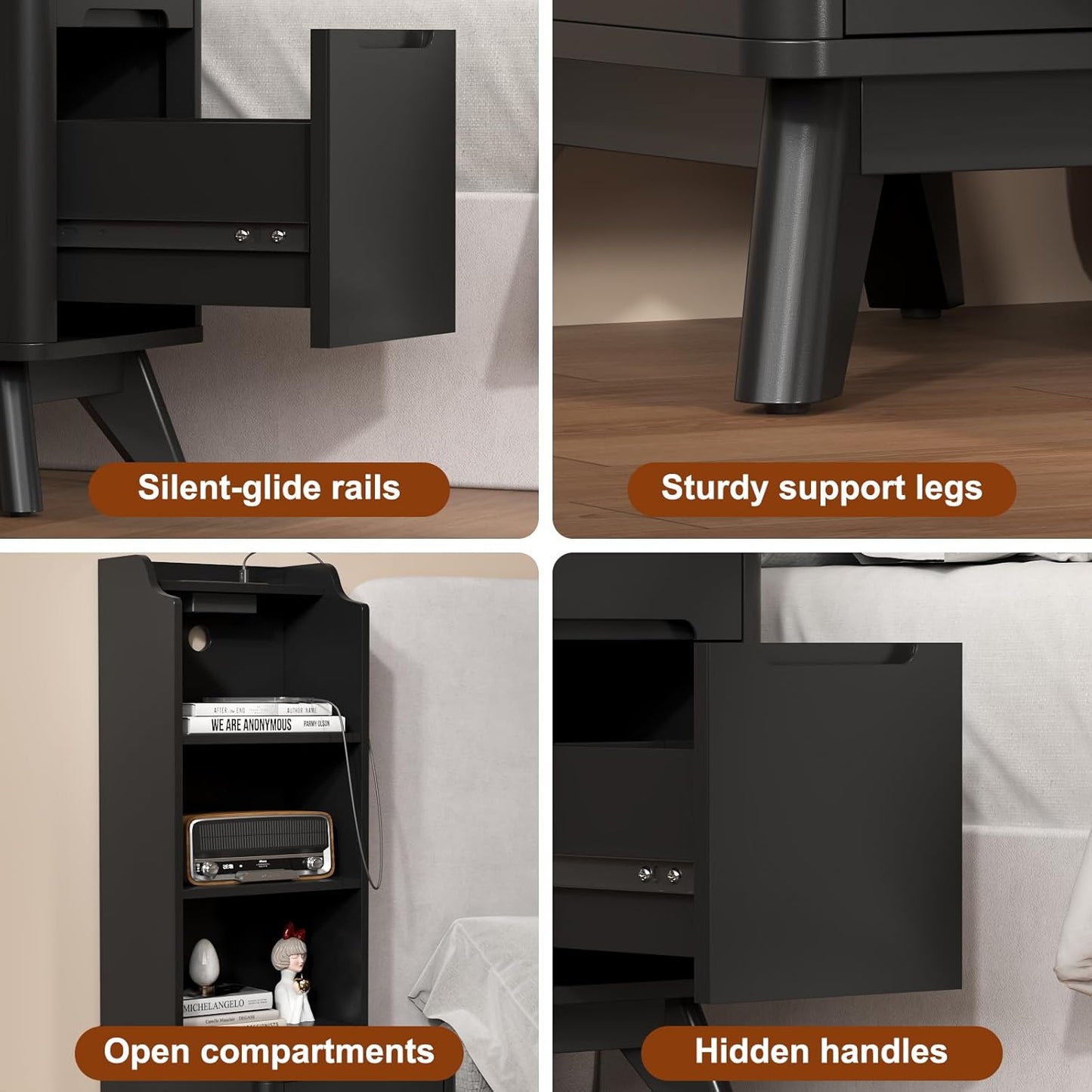 Tall Nightstand with Charging Station, Narrow Side Table with Bookshelf, 47" Tall Free Standing Wooden Night Stand with 2 Drawers and 4 Open-Shelves, Modern End Bedside Table for Bedroom, Black