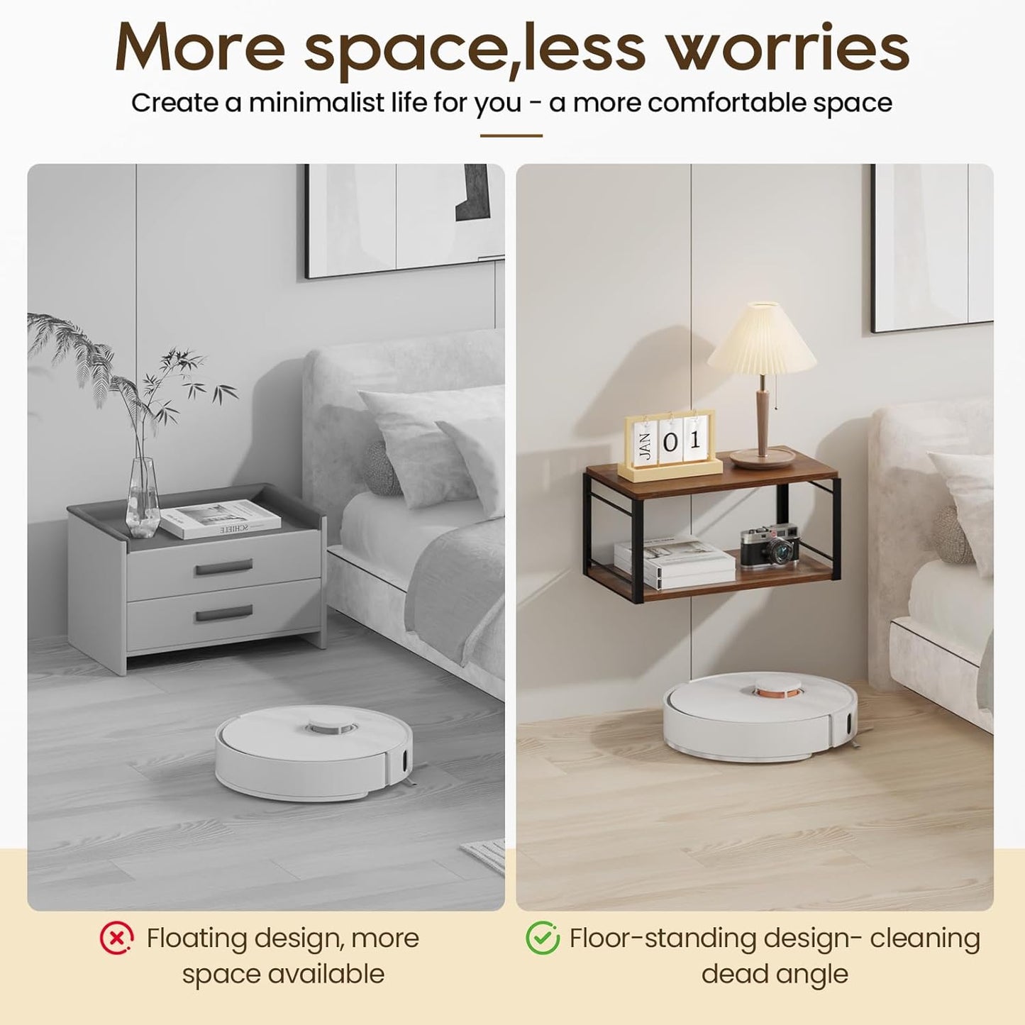 Floating Nightstand Wall Shelf, Wood Bedside Shelf Wall Mounted Nightstand Set of 2, Floating Bedside Table for Bedroom, Living Room, Bathroom, Kitchen, Office (Vintage Brown)