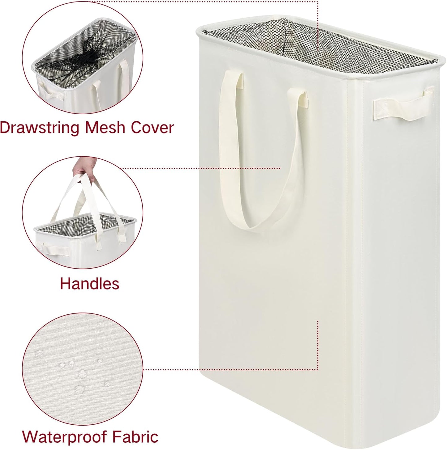 efluky Slim Laundry Basket, Narrow Laundry Hamper with Handles, Collapsible Dirty Clothes Hamper, Tall Laundry Bin for Laundry Room, Dorm and Bedroom, 12.7 Gallons(48L) Beige
