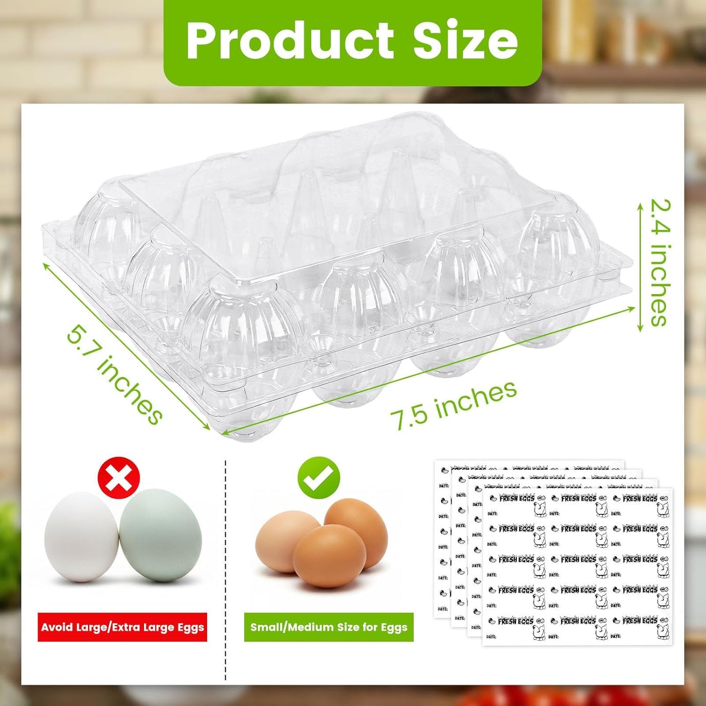 LOVEINUSA 60 Pack 12-Count Clear Plastic Egg Cartons with 60 Date Labels, Reusable PET Dozen Egg Holders for Medium Chicken Eggs, Clamshell Cartons for Farm, Home Fridge & Market Display