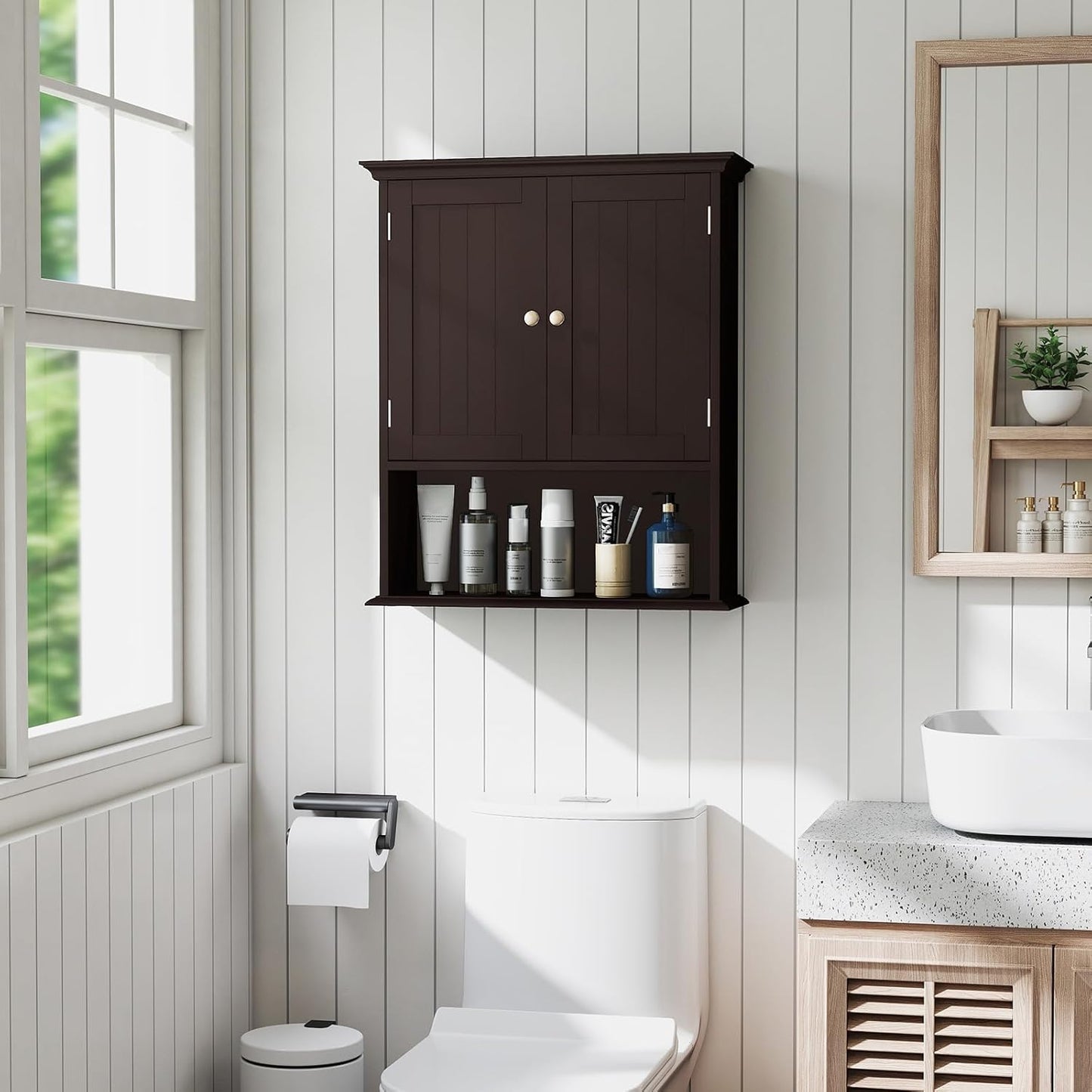 Tangkula Bathroom Wall Cabinet, Wooden Hanging Storage Cabinet with Doors & Shelves, Multipurpose Storage Cabinet for Restroom Kitchen Living Room, Wall Mounted Bathroom Medicine Cabinet (Brown)