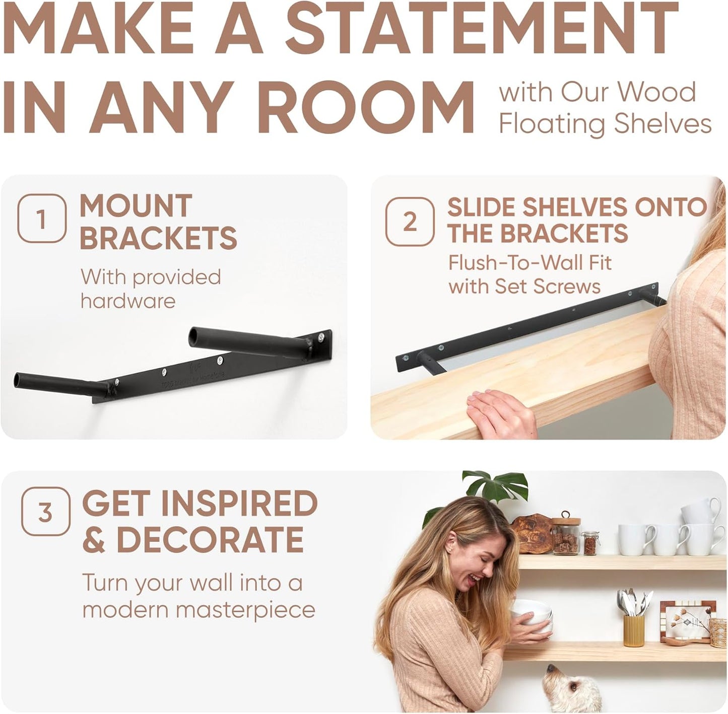Homeforia 60 inch Wood Floating Shelf, High End Solid Natural Long Wood Shelf for Wall 60 inches, Unfinished Wooden 60inch Large Floating Shelves, Heavy Duty Bracket, 60 X 6.5 X 1.75 in, Set of 3
