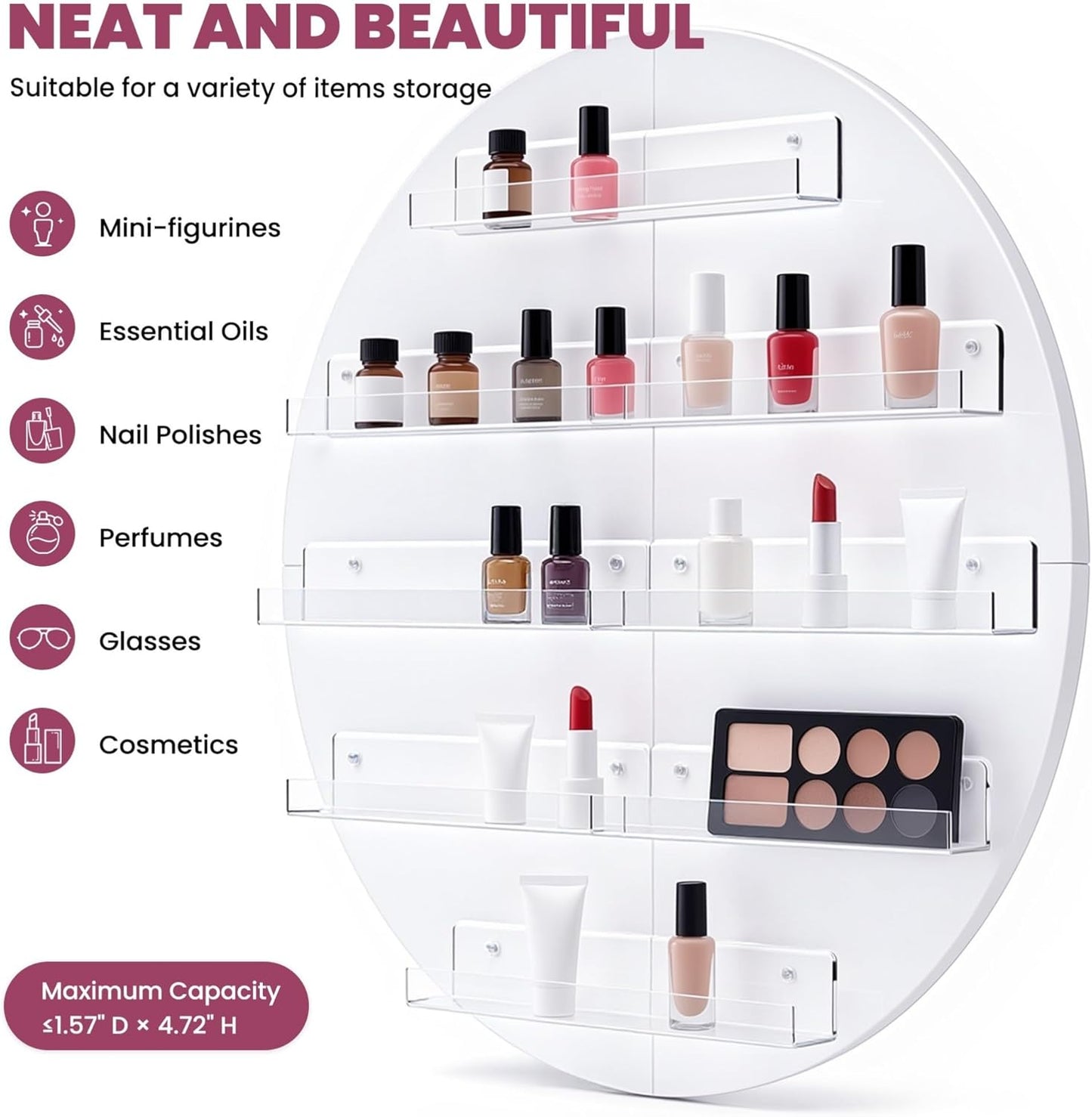 Wall Mount Nail Polish Organizer, Wood Nail Polish Rack w/Acrylic Barrier, 5-Tier Round Storage & Display Shelf, Perfume Essential Oil Bottles Holder, White