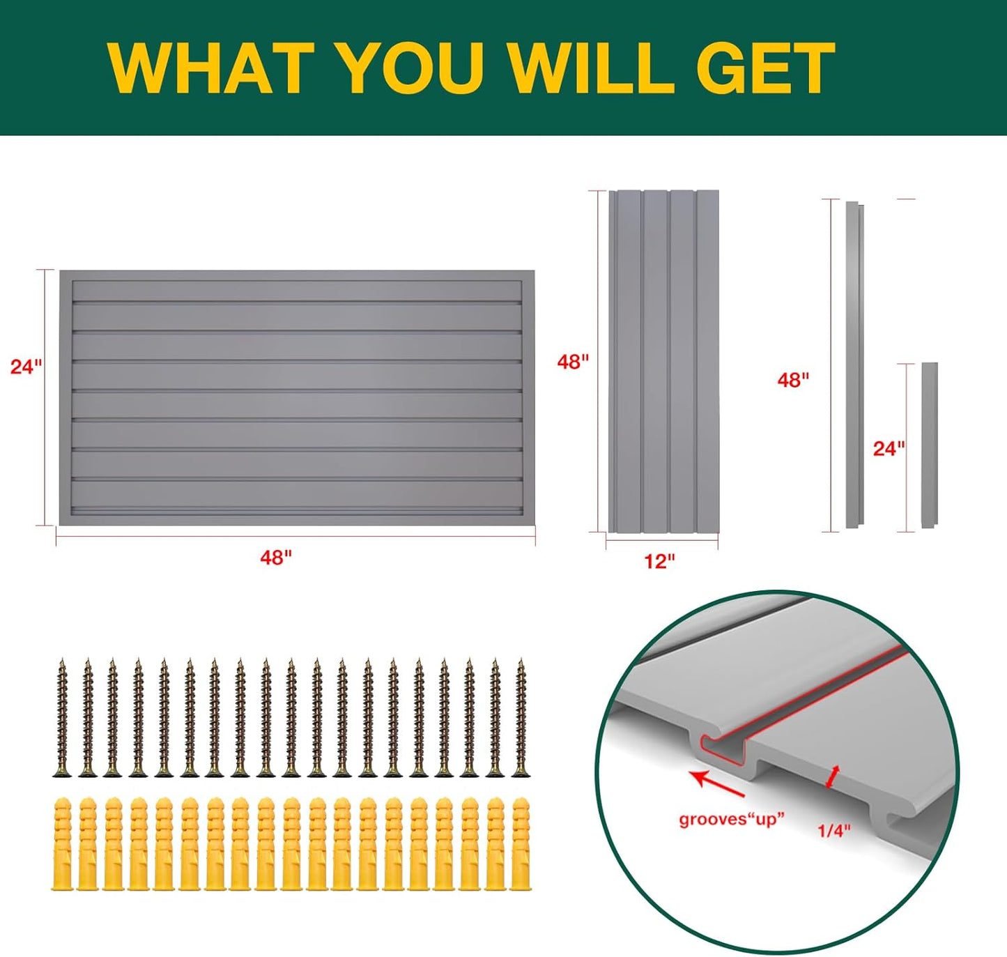 Yuzzy Slat Wall Paneling 2 x 4ft, Garage Slatwall Panel Wall Storage Systems, Heavy Duty PVC Garage Wall Organization (Gray)