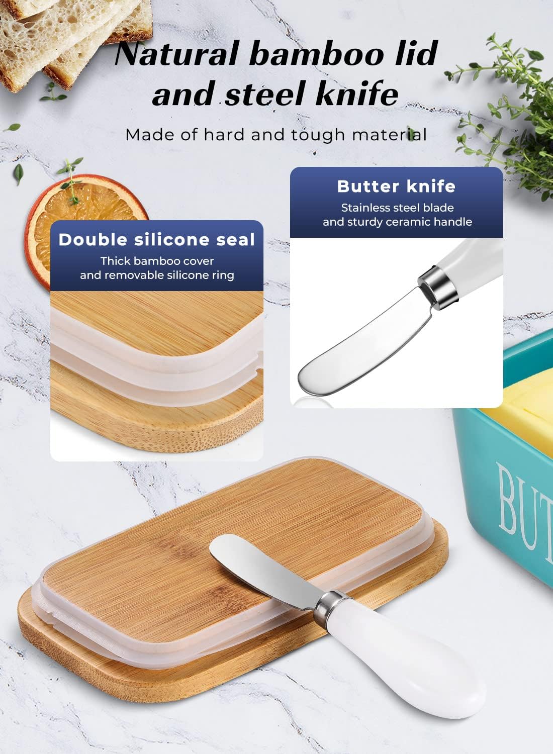 Butter Dish with Lid: Large Butter Container for Countertop - Ceramic Butter Holder for Counter - Butter Tray Butter Keeper with Knife and Sponge Scrubber - Perfect for 2 Sticks of Butter Green