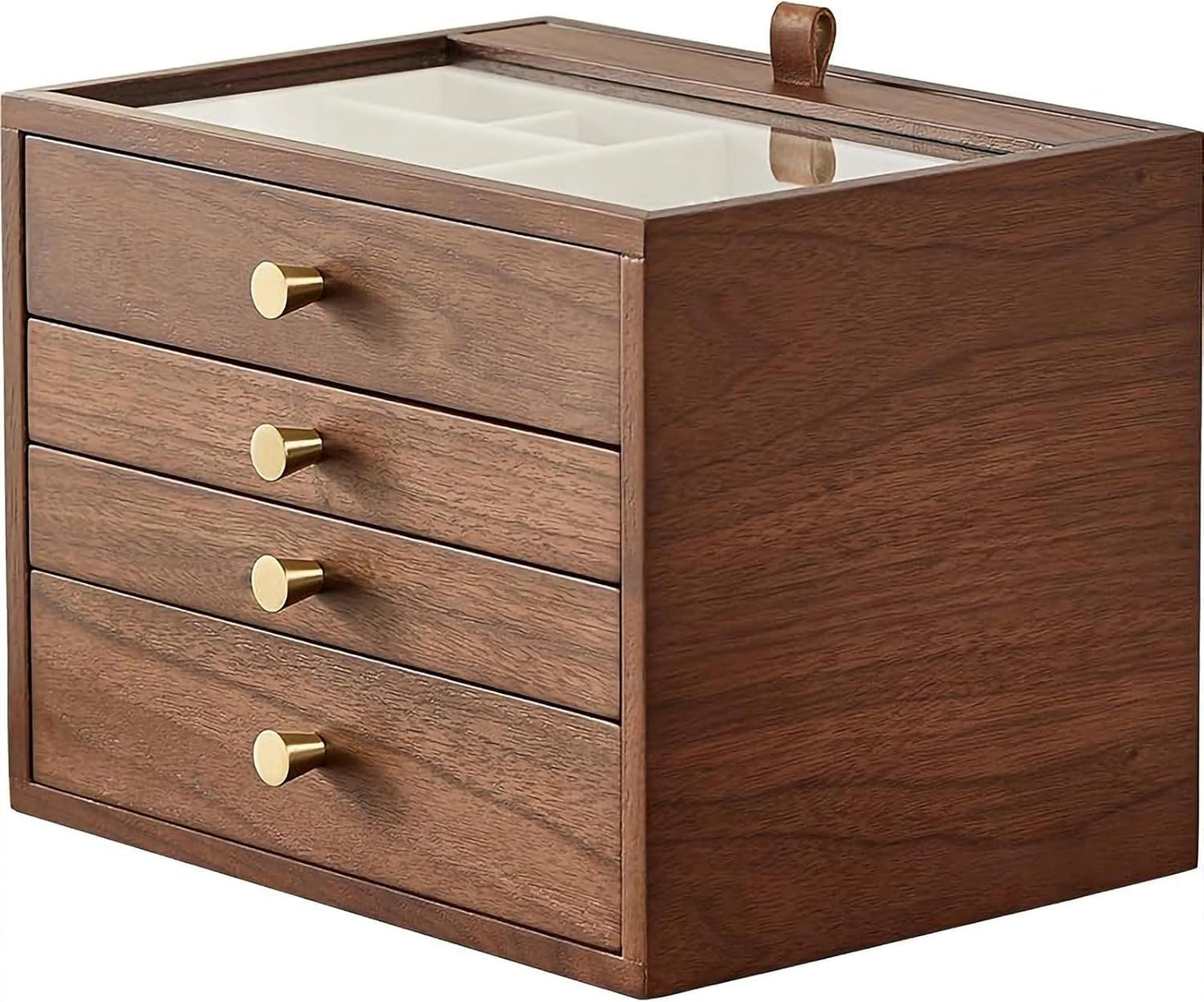 CHOSIN Black Walnut Wooden Jewelry Box for Women, Wood Jewelry Organizer 4 Layer with Glass Lid and Pull-out Necklace Storage Layer, for Watch Necklace Ring Earring Storage Christmas Gifts