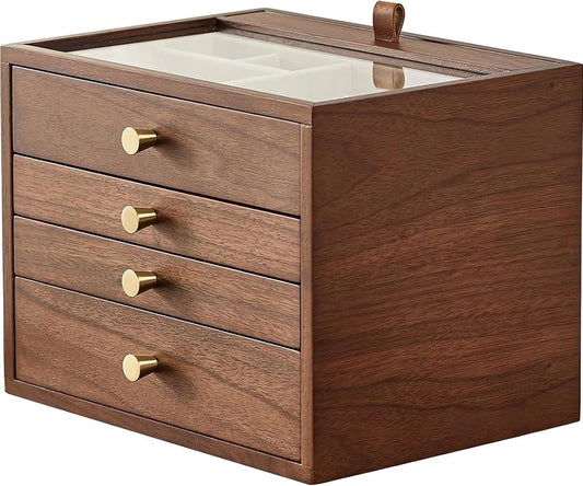 CHOSIN Black Walnut Wooden Jewelry Box for Women, Wood Jewelry Organizer 4 Layer with Glass Lid and Pull-out Necklace Storage Layer, for Watch Necklace Ring Earring Storage Christmas Gifts