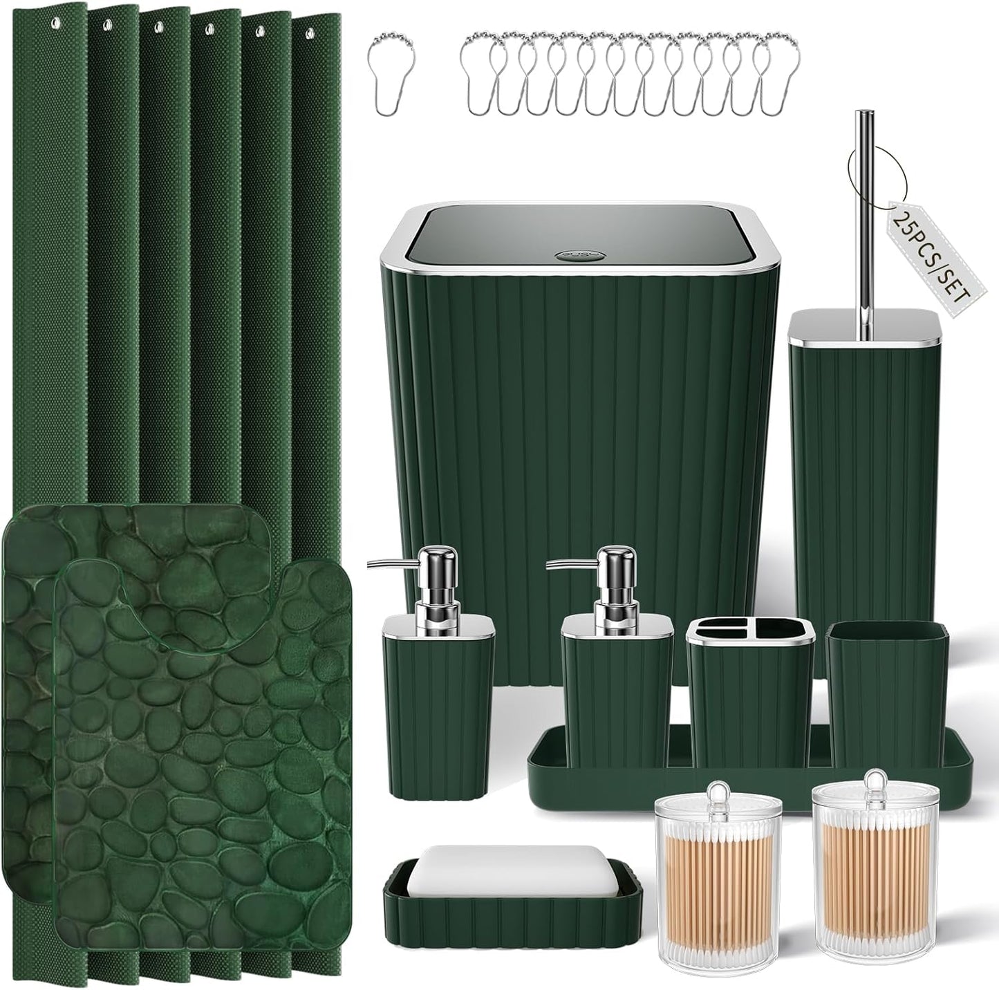 Bathroom Set- 25PC Green Bathroom Sets, Bathroom Set with Shower Curtain and Rugs, Dark Green Shower Curtain Set, Bathroom Accessories Set, Bathroom Trash Can