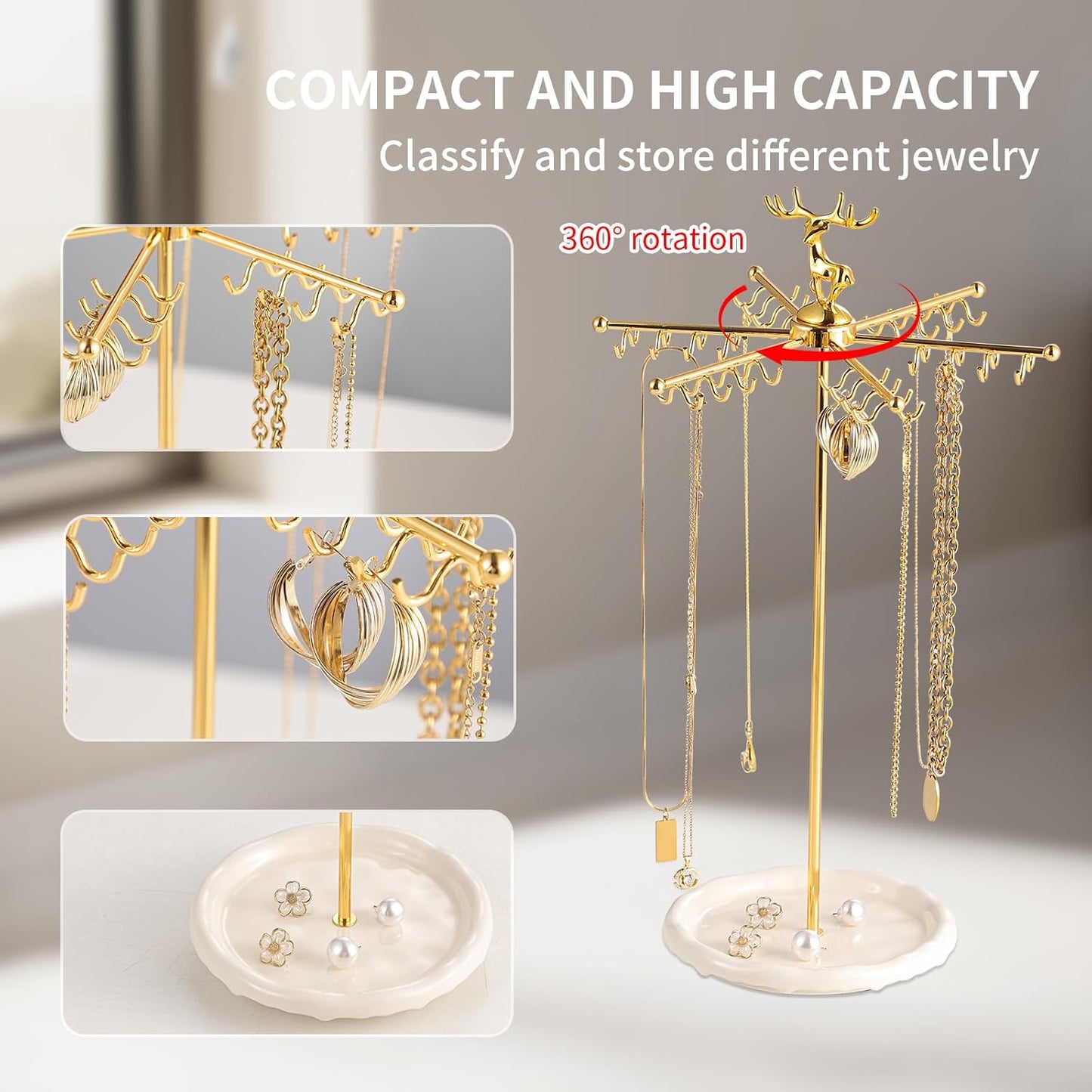 Necklace Holder Jewelry Stand, Rotating Necklace Holder Organizer with 48 Hooks for Necklace Earring Keychains Bracelet Display Stand, Metal Necklace Tree Stand -Women Gifts (Gold)