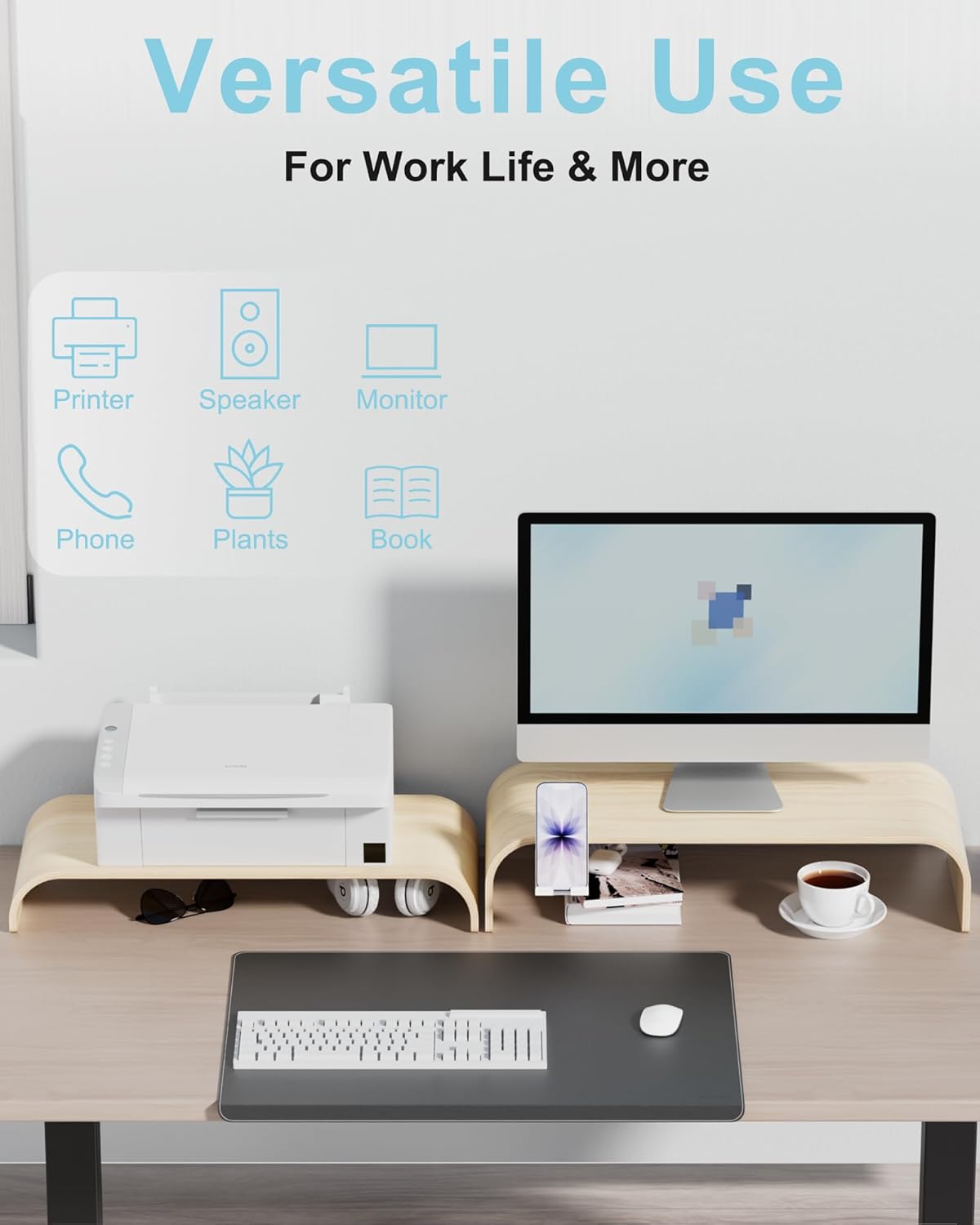 Solid Wood Dual Monitor Stand Riser 2 Tier, 24.1 Inch Desktop Organizer with Phone Holder, Ergonomic Computer Stand, Multifunctional Desk Shelf for Laptop, PC, Printer, Supports Up to 110lbs