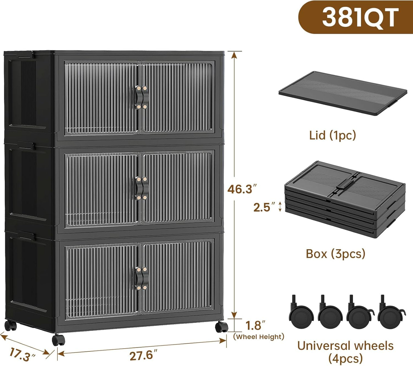 SAILUN 95Gal/381Qt Stackable Storage Bins Folding Collapsible Storage Bins with Lid, Closet Organizers and Storage Box with Door Black 28" W x 17" D x 46" H
