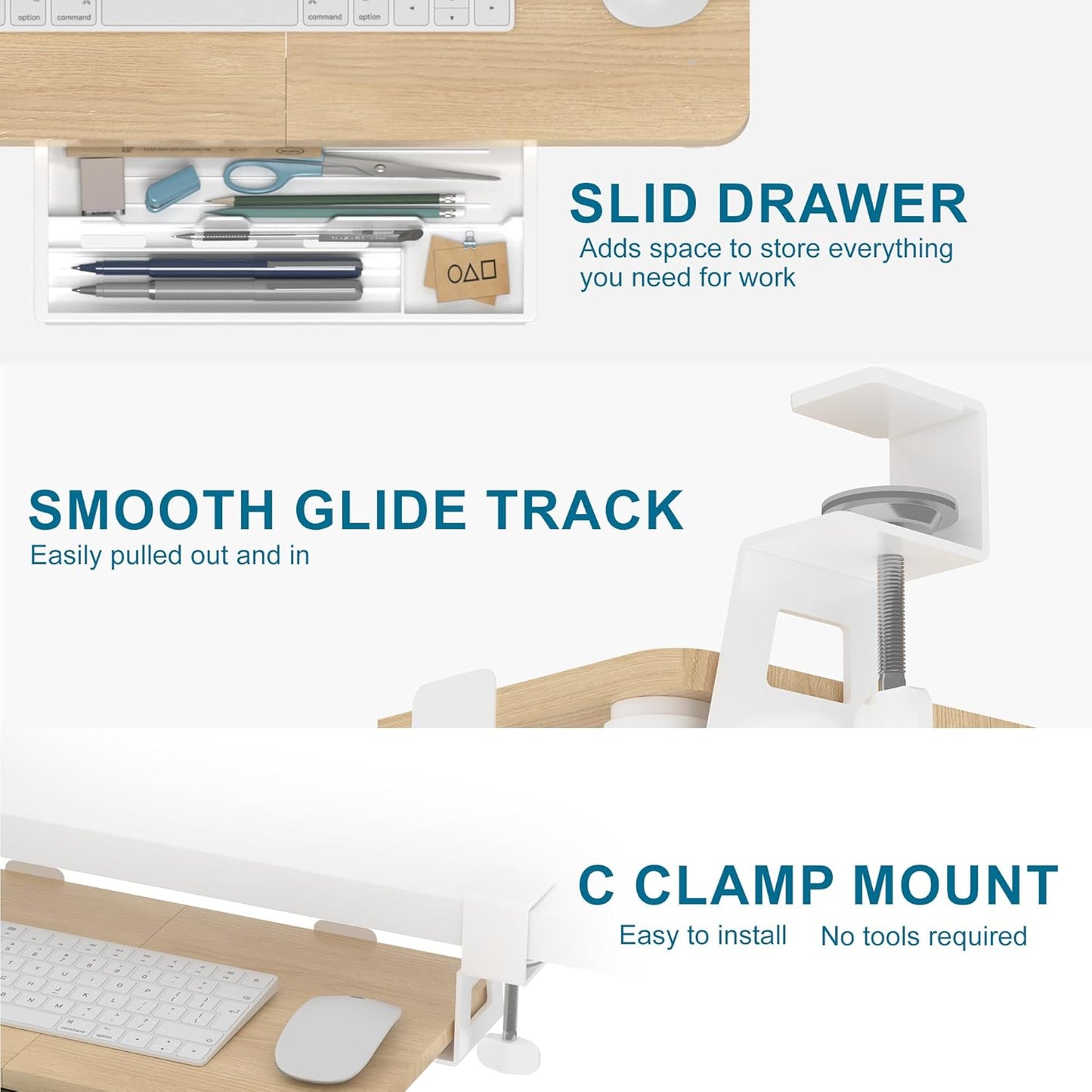 ETHU Keyboard Tray Under Desk, 19.7" X 11.81" Small Size Keyboard Drawer with C Clamp-on Mount Easy to Install, Computer Keyboard Stand Slide Pull Out, Ergonomic Keyboard Tray for Home & Office, Oak