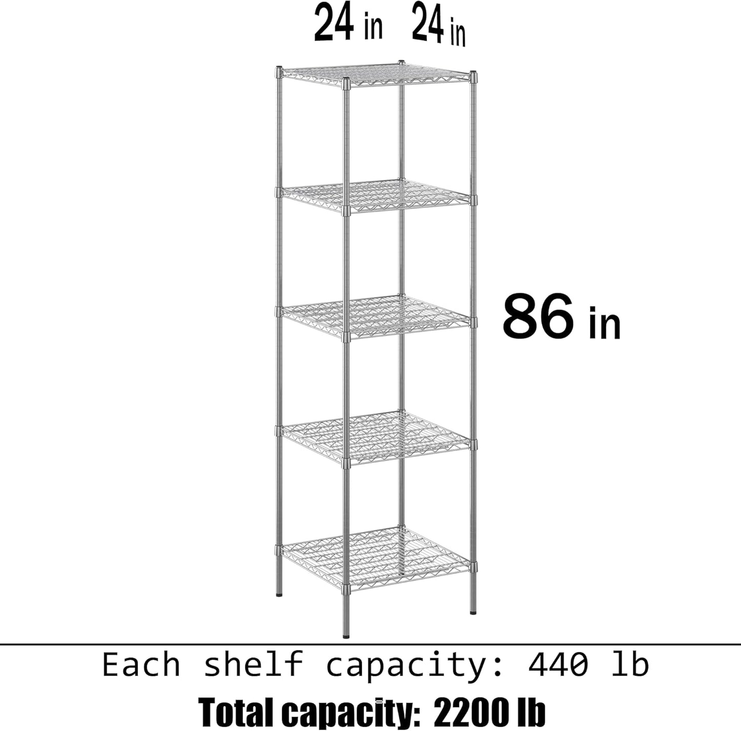 24" Deep x 24" Wide x 86" Height Wire Shelving Kit | 5-Tier | NSF Commercial Storage Rack Unit