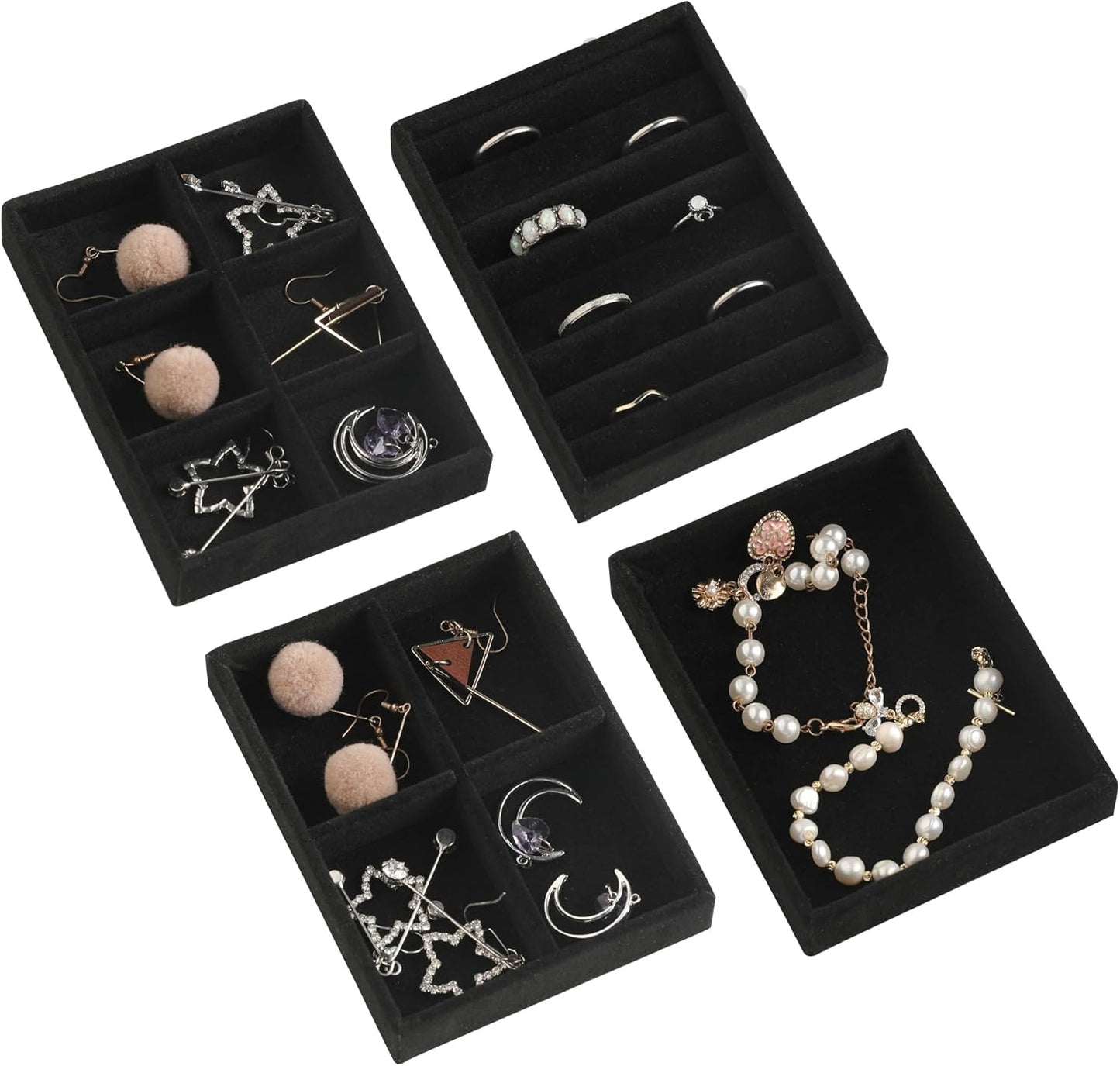 Frebeauty Small Jewelry Tray Set,Stackable Velvet Jewelry Organizer Tray,Mini Jewelry Drawer Organizer,Drawer Inserts,4.92 x 3.74 x 0.9 Inches,Earring Organizer for Women(Set 4,Black)