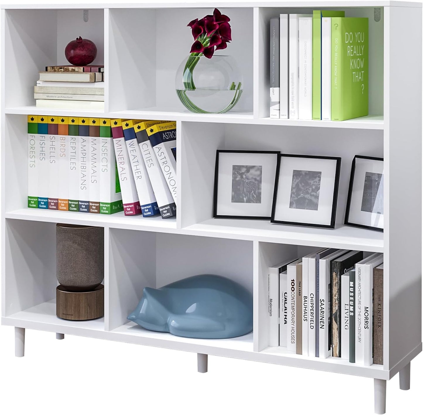 Wood Cube Storage Organizer White Bookshelf - 3-Tier Freestanding Storage Cabinet with Legs for Home Office, 8-Cubes Open Shelf