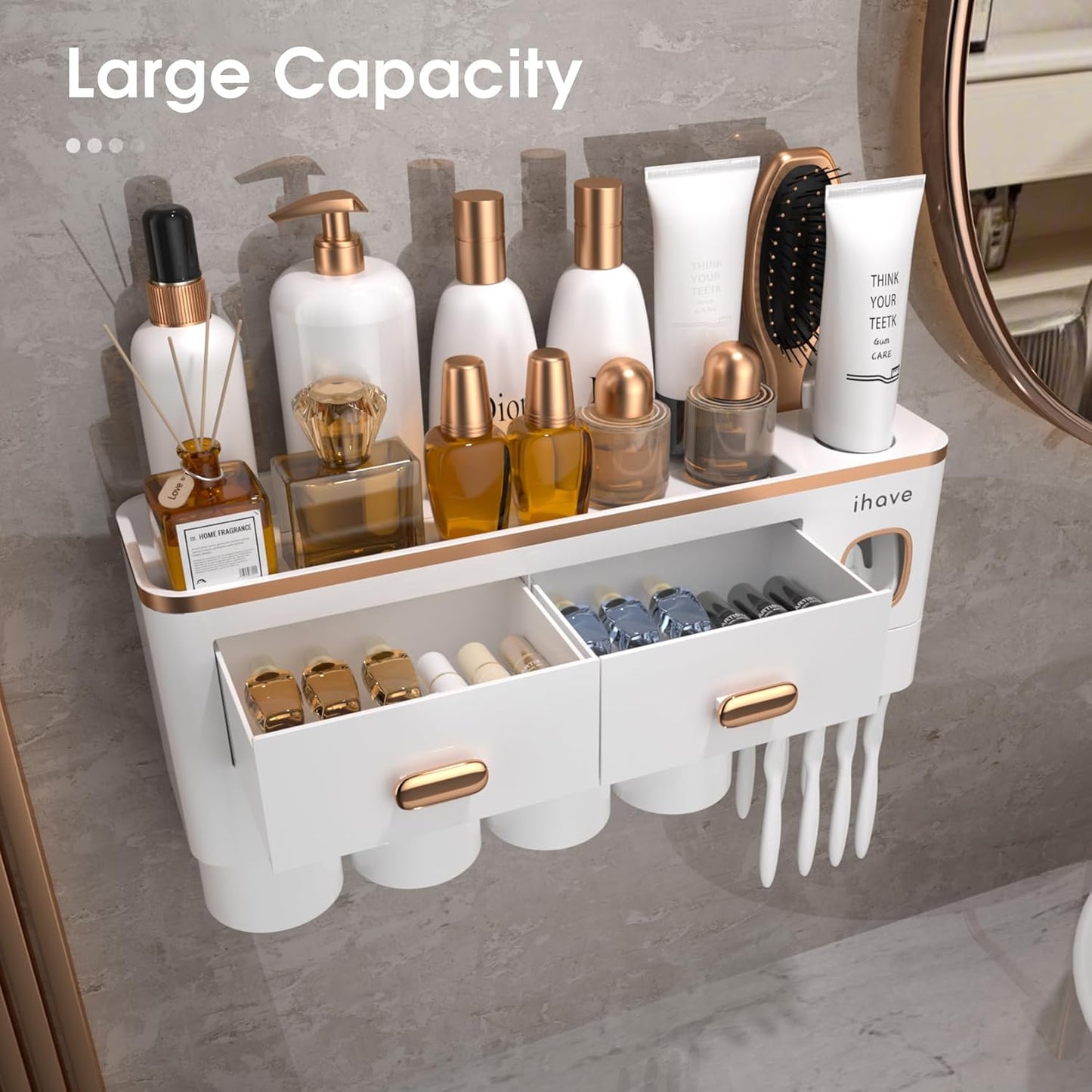 iHave Toothbrush Holders for Bathrooms - Upgrade Wall Mounted Toothbrush Holder with Toothpaste Dispenser - 4 Cups, Large Capacity Tray, 2 Cosmetic Drawer - Bathroom Organizers and Storage