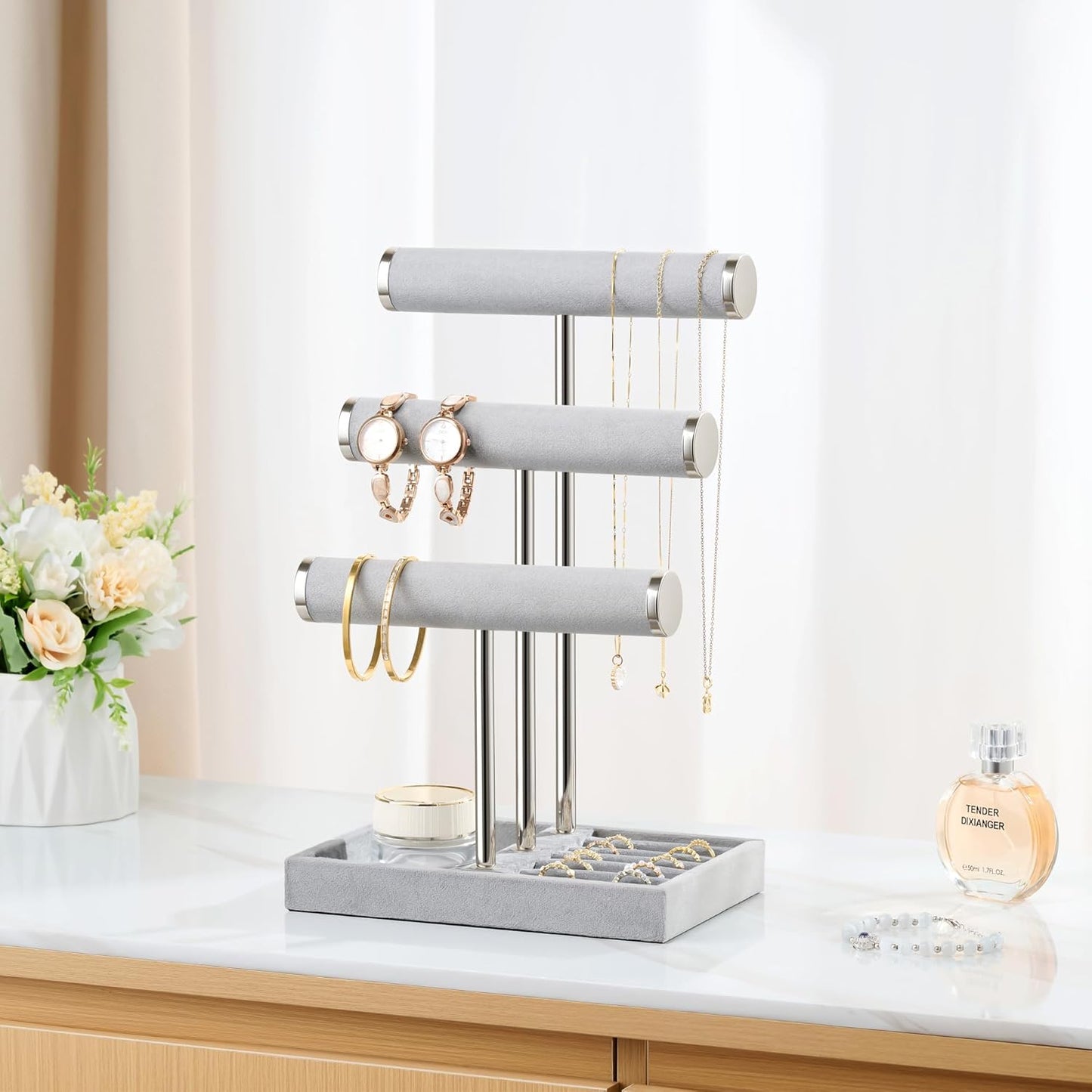 3 Tier Bracelet Holder Display - Detachable T Bar Grey Velvet Bracelet Holder, Jewelry Holder Organizer for Bracelet, Necklace, Earrings, Rings