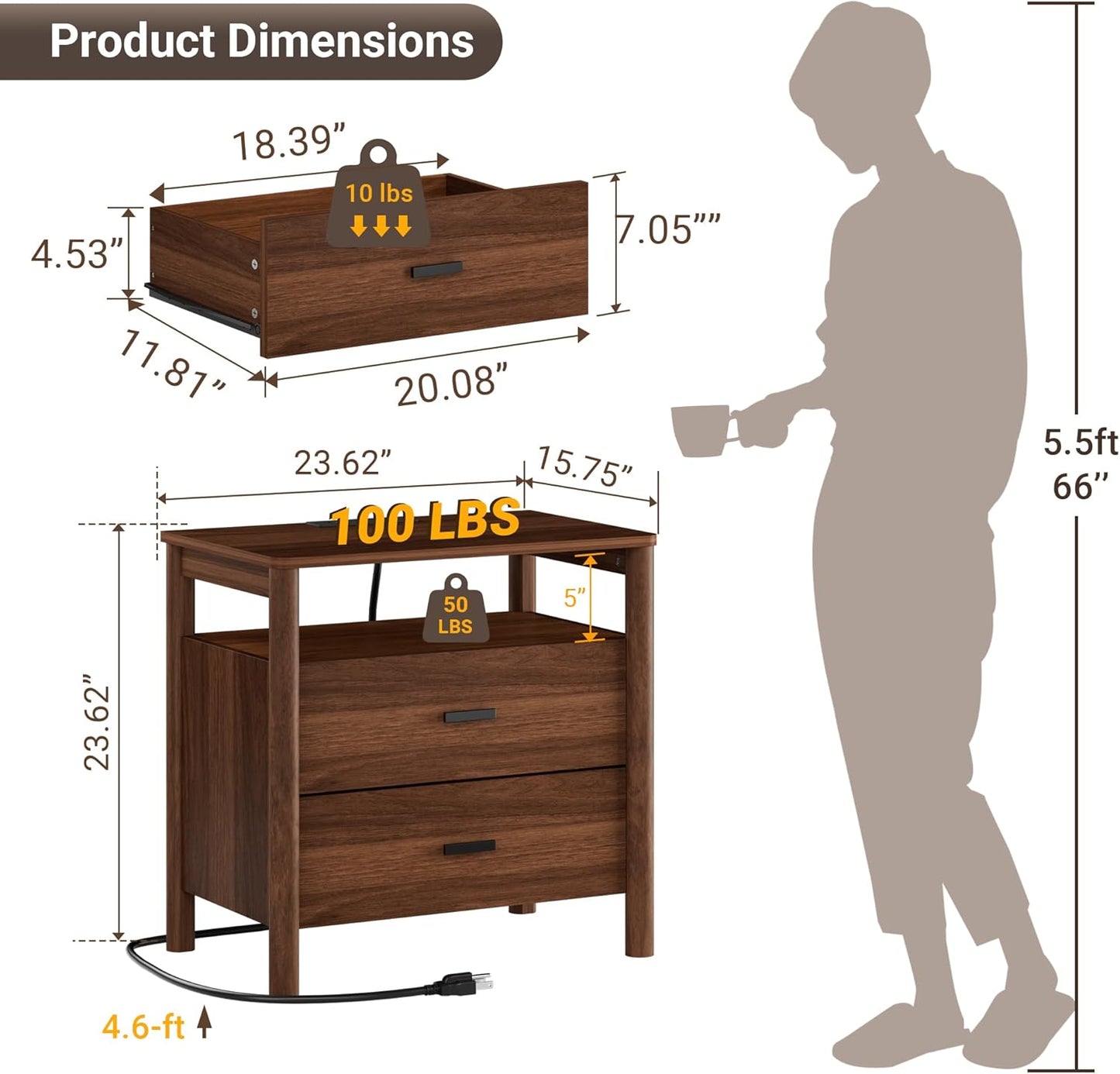 Night Stand with Charging Station, 24" Large Modern Side Table with Solid Round Post Legs, 2 Drawers Nightstand with Open Shelf, End Table/Bedside with Storage for Bedroom, Walnut