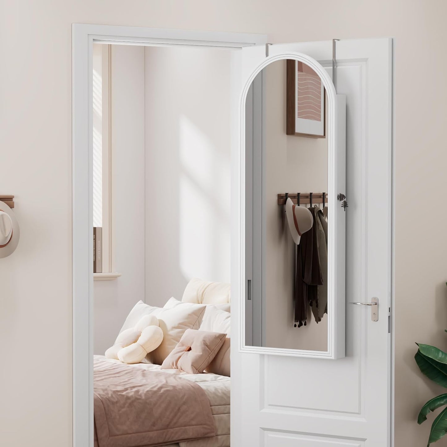 47in Tall Jewelry Cabinet Organizer, Arched Wall or Door Mounted Jewelry Armoire with Full-Length Mirror, 6 LEDS Lockable Hanging Mirror Cabinet with Storage, 2 Drawers, Women Girls Gifts,White