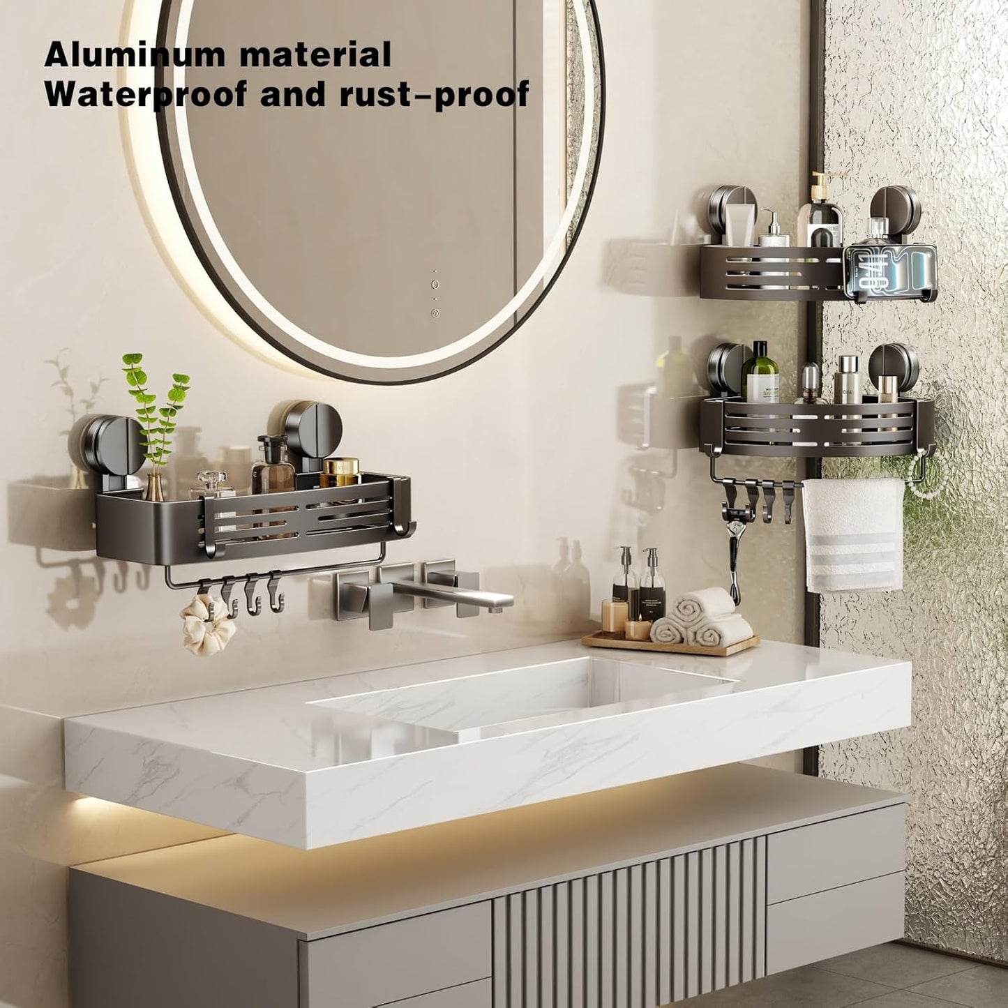 VOLPONE Corner Shower Caddy Suction Cup Shower Shelf Corner No Drilling Bathroom Shower Organizer Storage Rack Adhesive triangle with towel bar hooks 3 tier gray