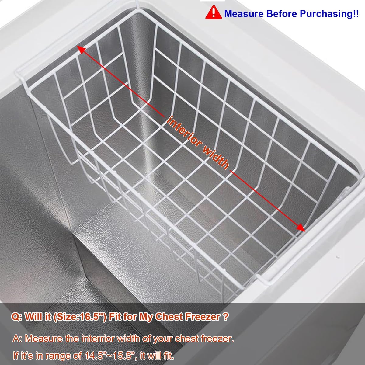 Orgneas 16.5 Inch Freezer Organizer Bins, Metal Wire Basket Bins, Replaces Chest Freezer Basket, Hangable, Sturdy, White