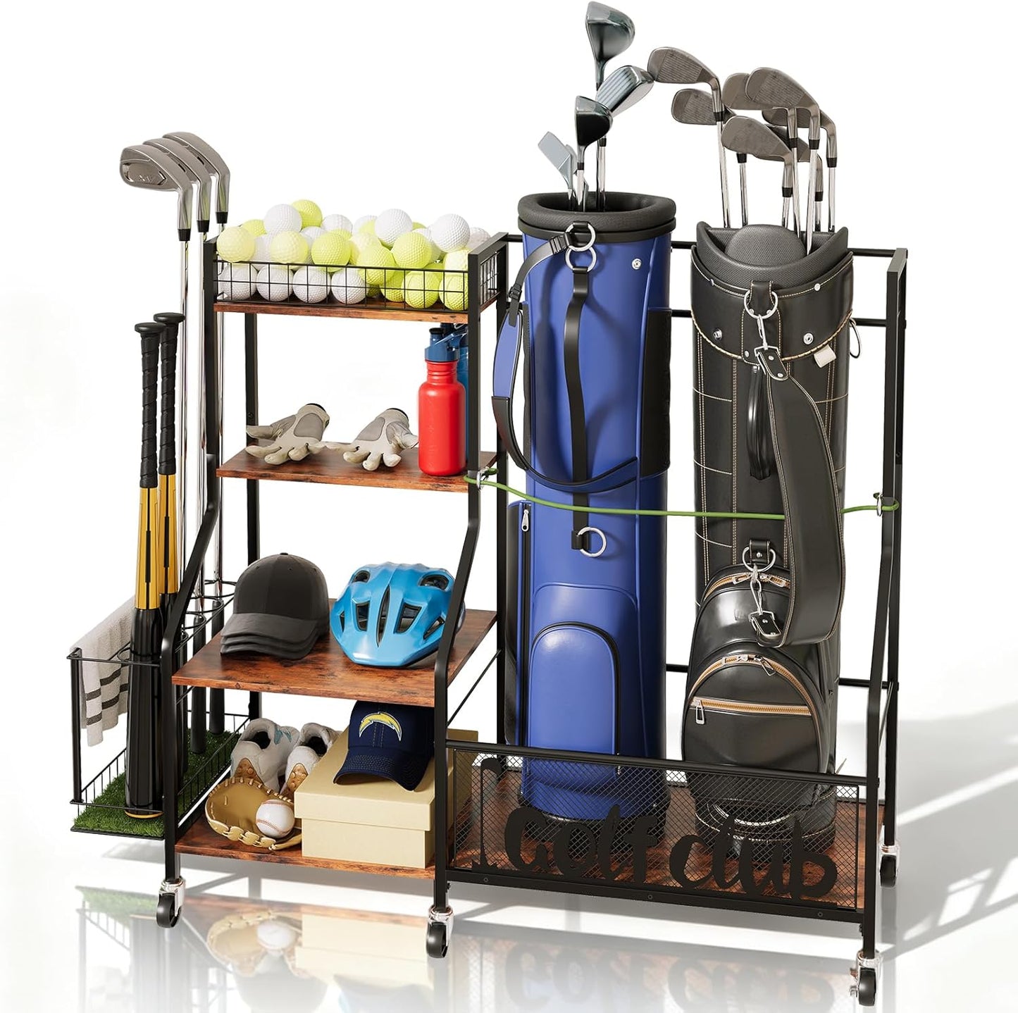 Golf Rack with Golf Bag Storage, Large Golf Bag Organizer for 2 Bags, Golf Bag Stand with Golf Club Rack, Extra Sports Equipment Rack for Garage & Golf Clubs with Wheels