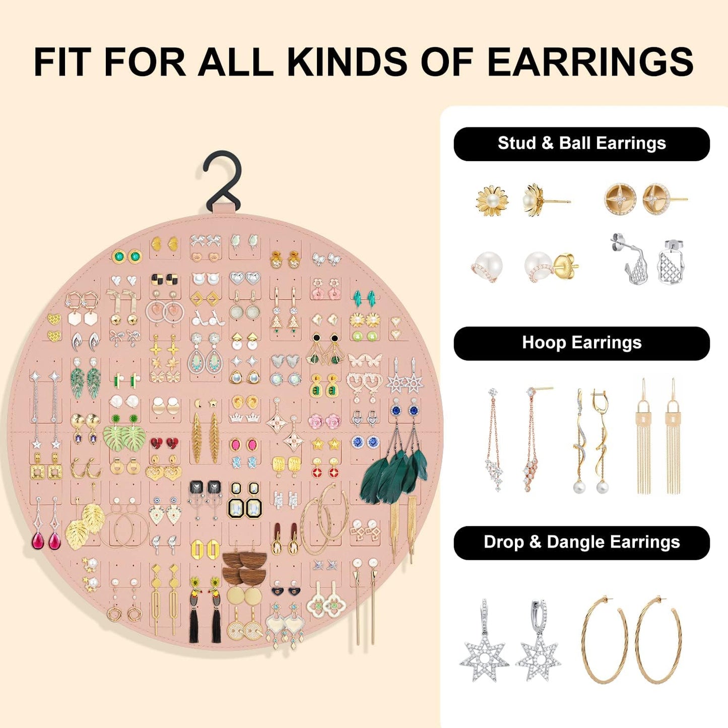 Earring Organizer, Hanging Earring Holder Holds Up to 128 Pairs, Stud Earring Organizer Storage, Round Earring Display Earring Holder Organizer for Women Girls-Pink A