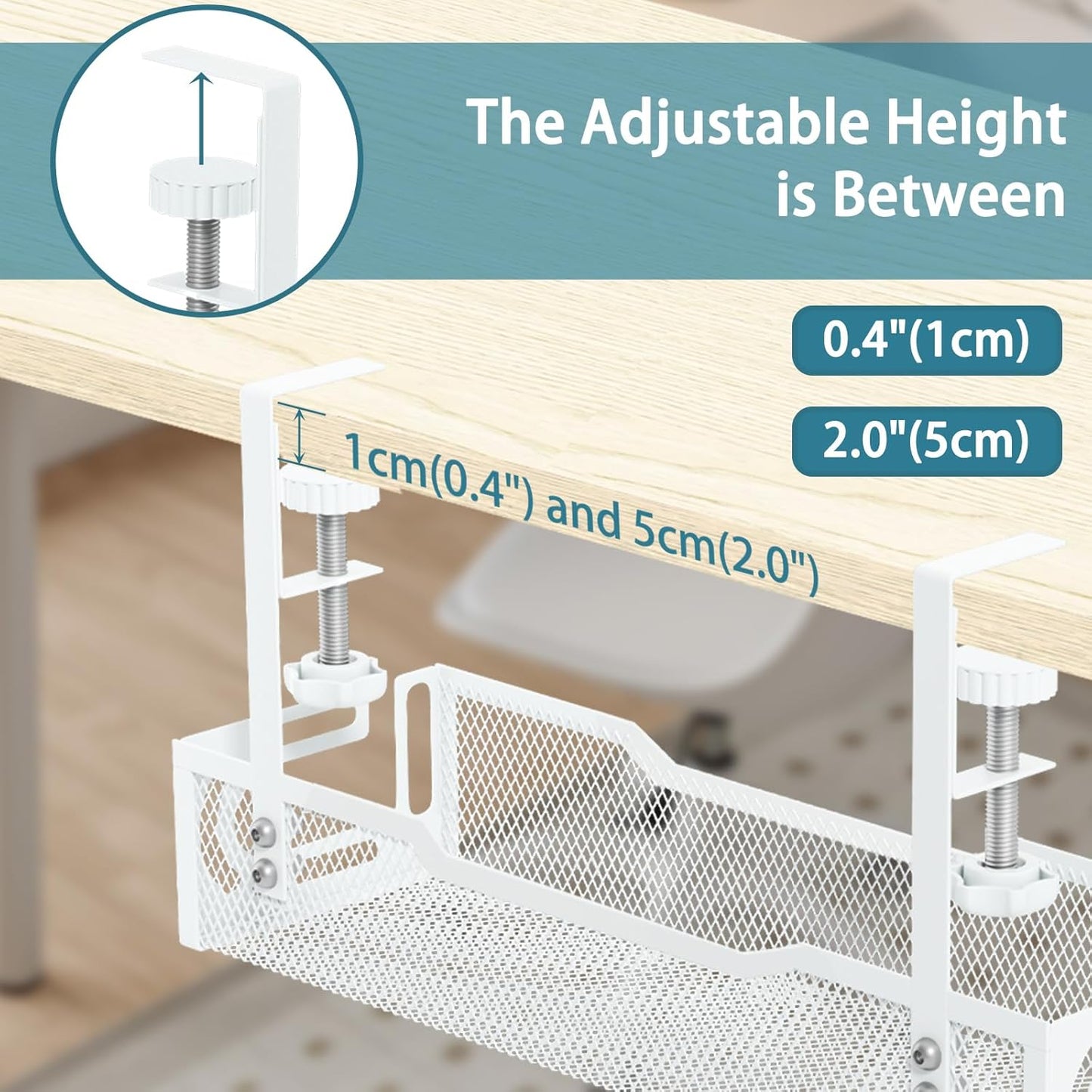 2Pack Under Desk Cable Management Tray, No Drill Mesh Desk Cable Tray, Wire Management Tray Cable Management Rack, Wire Organizer and Cable Management Box (White)
