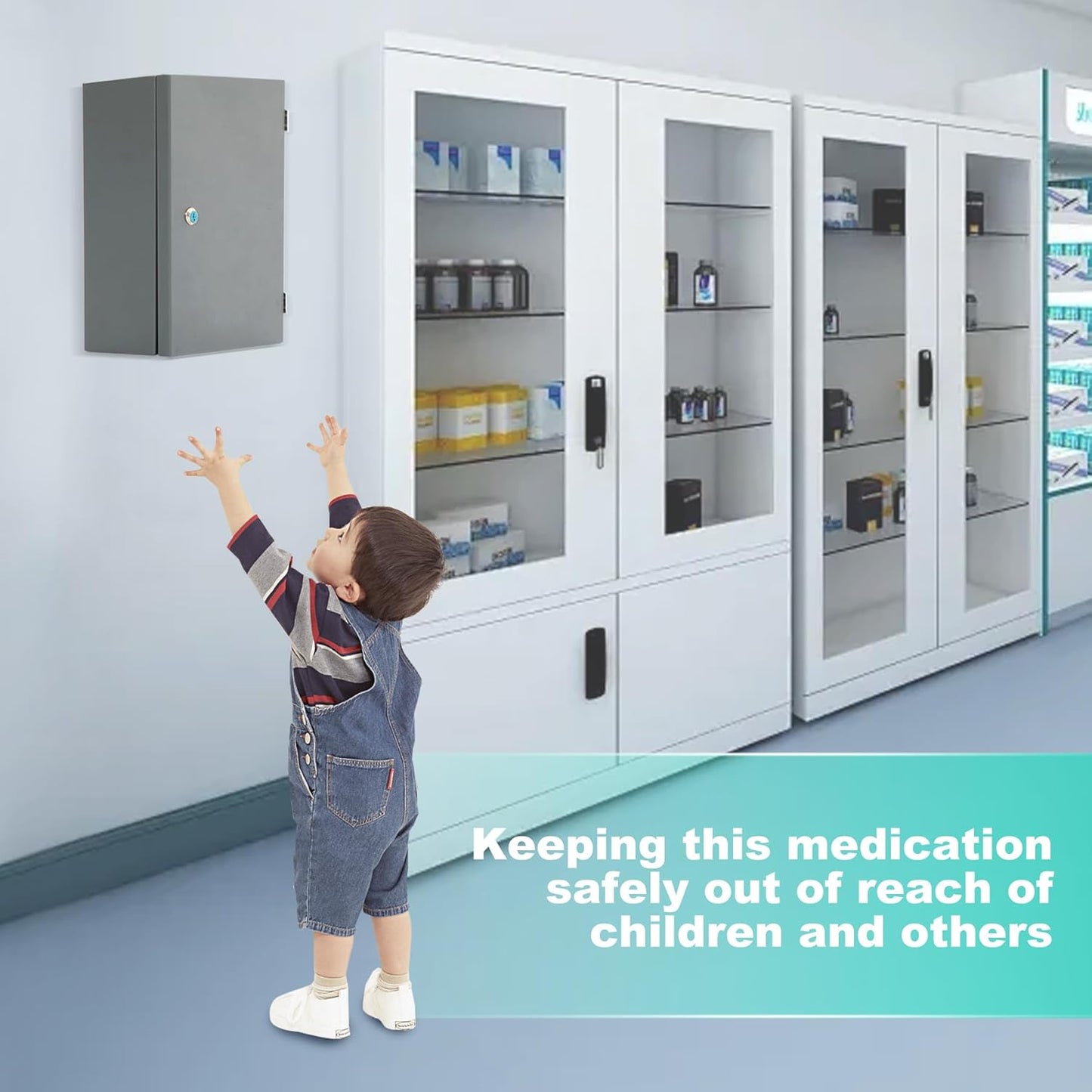 biosp First Aid Wall Mount Medicine Cabinet with Lock, Steel Drug Cabinet with Double Door, Locking Narcotics Safe, 3 Tier Emergency Box, Secure Steel Lock Box for Medication, Grey