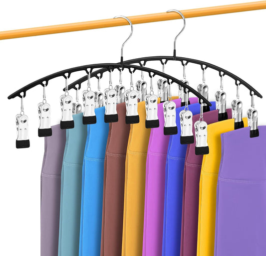 Legging Organizer for Closet, Metal Yoga Pants Hangers 2 Pack w/10 Clips Holds 20 Leggings, Space Saving, Clips Hanger for Pants, Shorts, Scarf, Hats Black