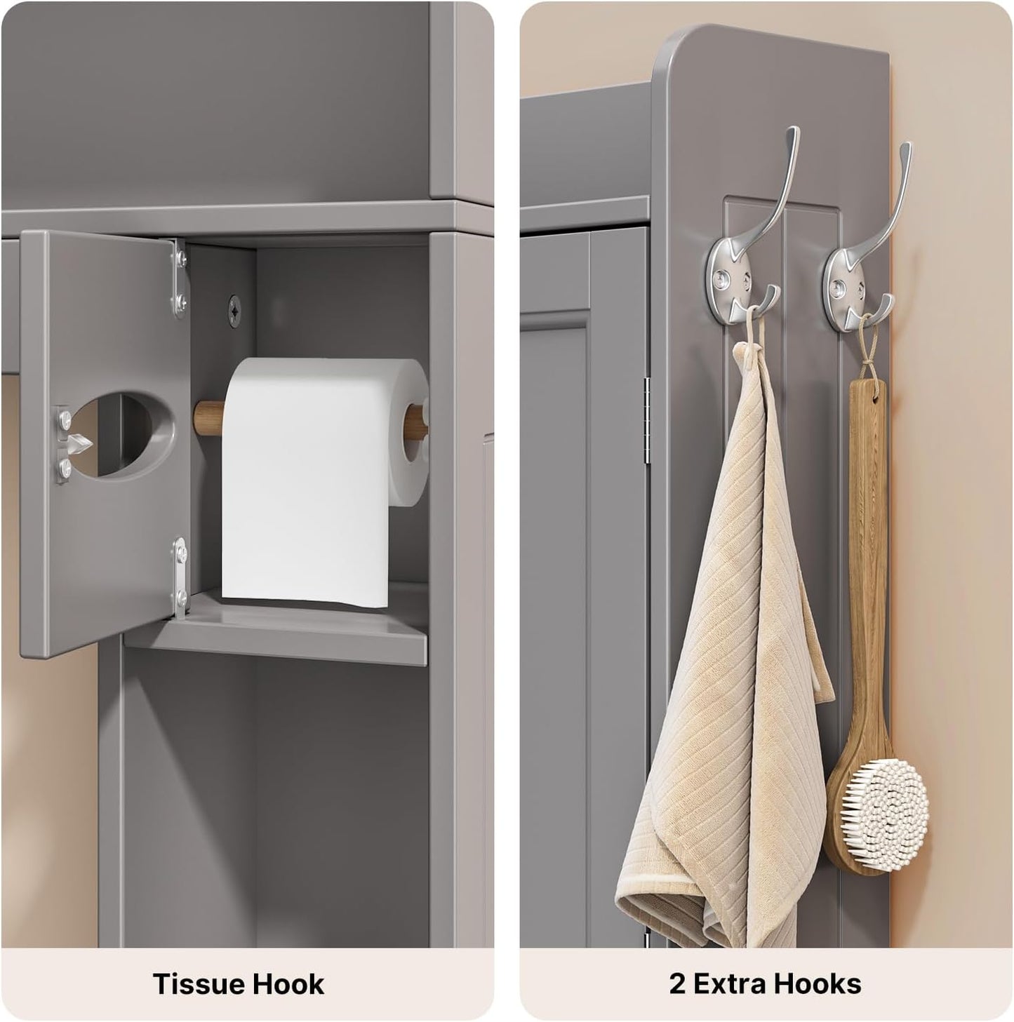 Ahomly Over The Toilet Storage Cabinet, 32.3" W Over Toilet Bathroom Organizer with Doors, Adjustable Shelves, Toilet Paper Holder, 2 Side Hooks, Space-Saver for Bathroom, Laundry, Grey