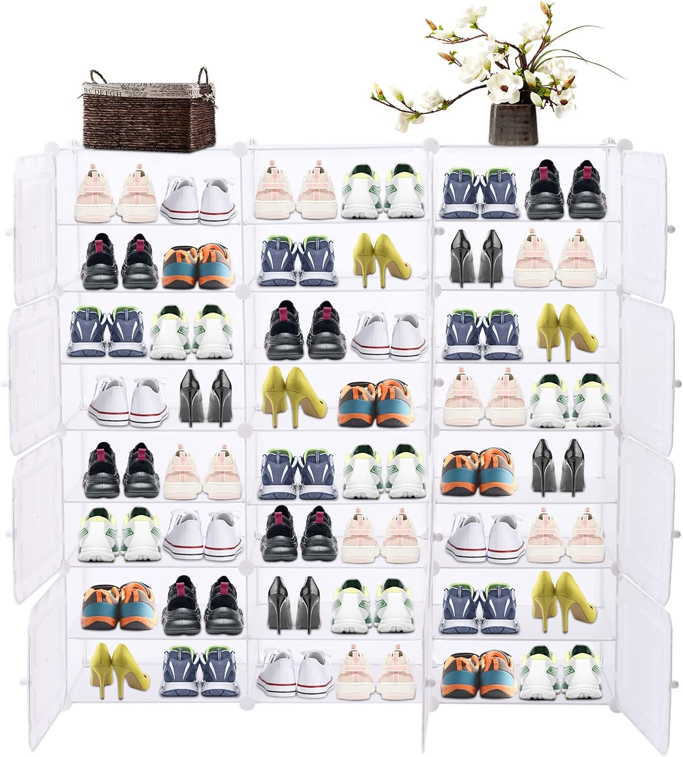 Portable Shoe Rack, 48 Pair DIY Shoe Storage Shelf Organizer, Plastic Shoe Organizers for Entryway, Adjustable Panels, Shoe Cabinet with Doors, White