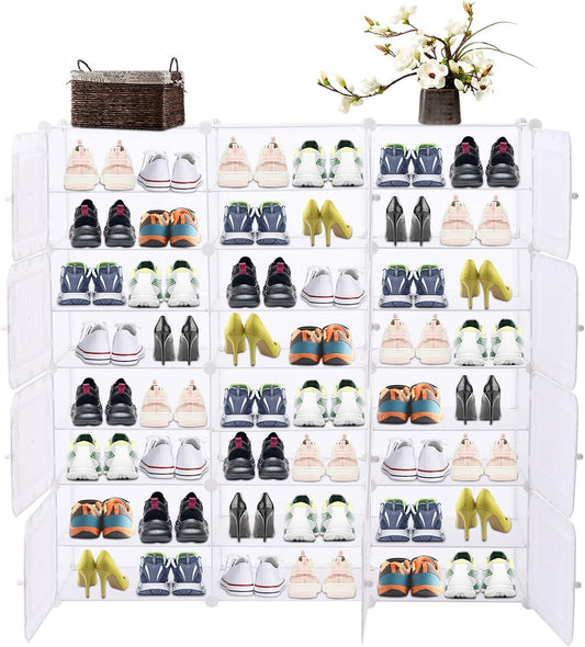 Portable Shoe Rack, 48 Pair DIY Shoe Storage Shelf Organizer, Plastic Shoe Organizers for Entryway, Adjustable Panels, Shoe Cabinet with Doors, White