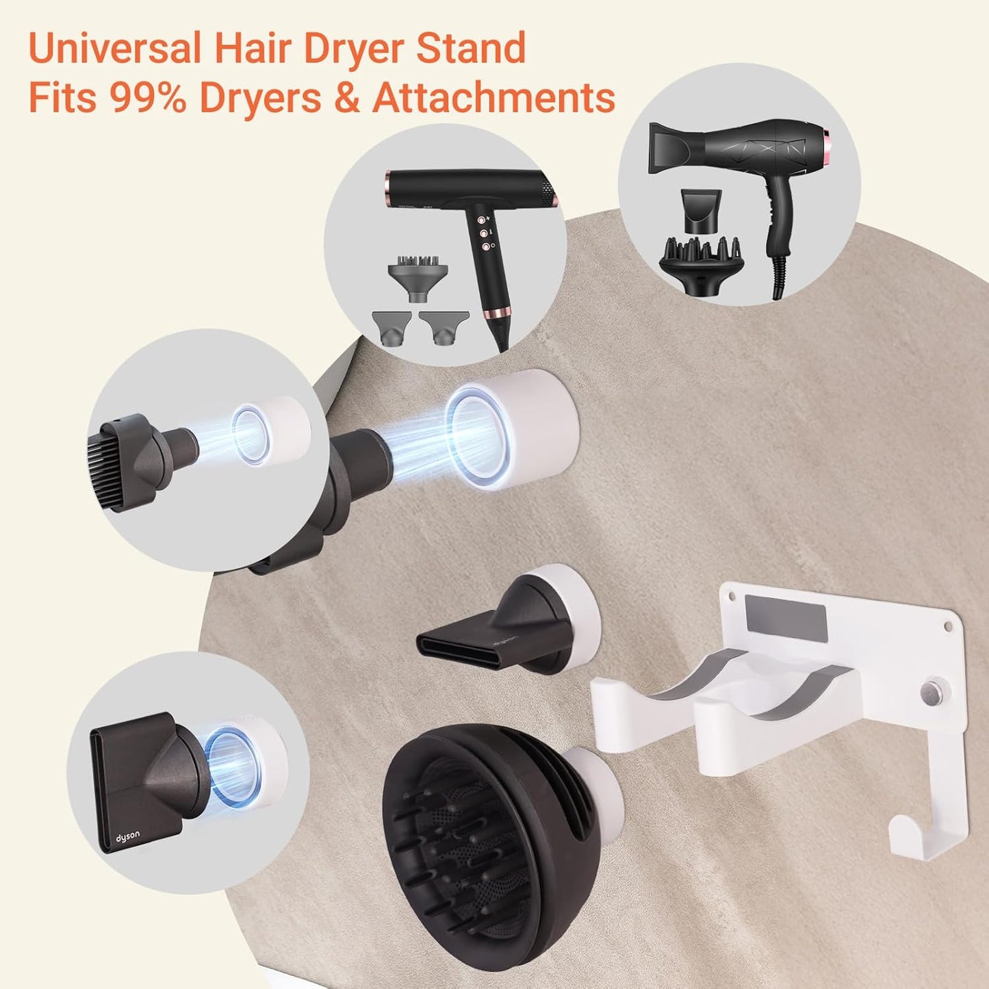 Hair Dryer Holder, Hair Dryer Holder Wall Mounted Self Adhesive Hairdryer Holder forDyson Aluminum Blow Dryer Holder Wall Mounted Black Hairdryer Hanger for Bathroom White CHOCHOYAH