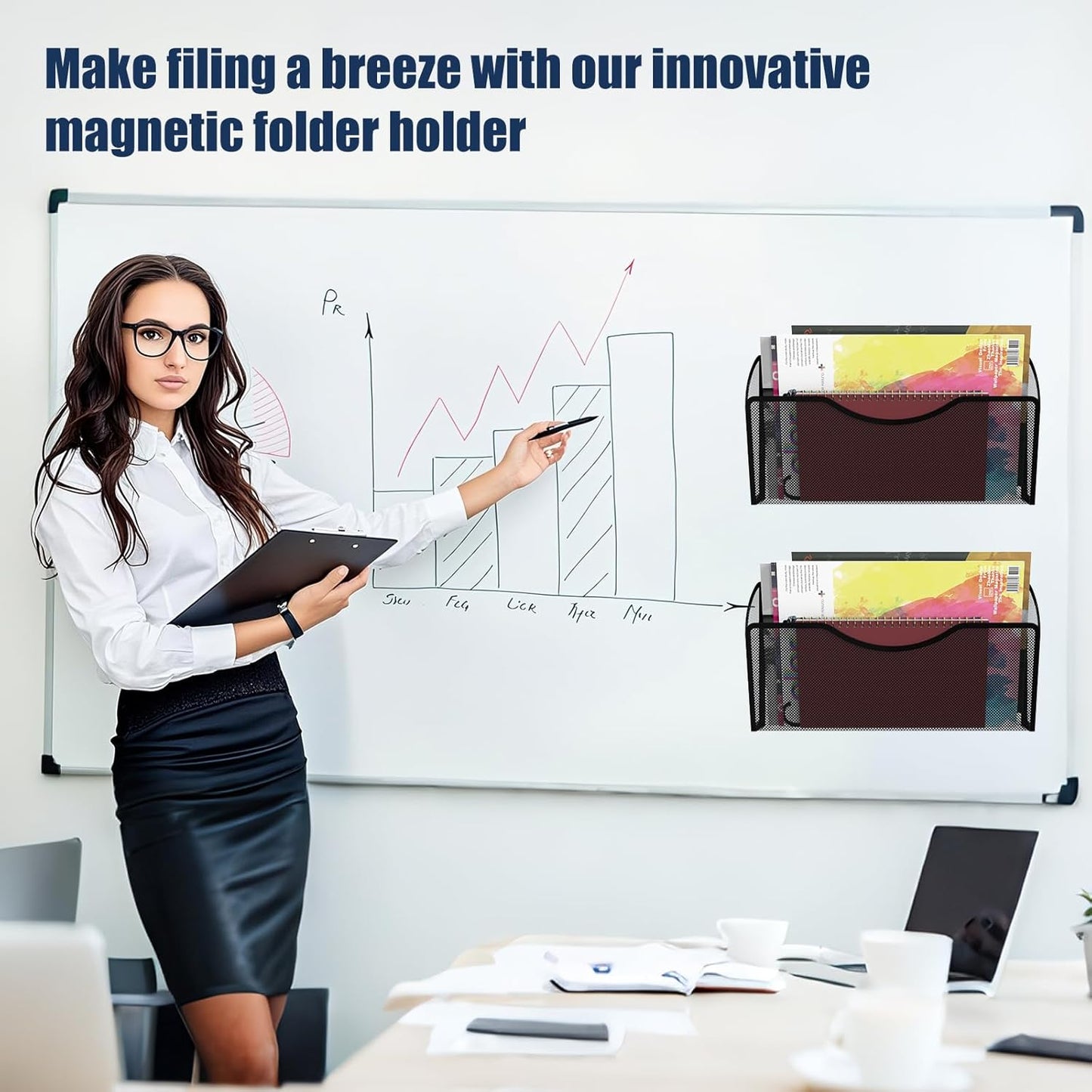 Magnetic File Holder 2 Pockets File Folder Organizer, Office Hanging Magazine Rack for Refrigerator, White Board, No Drilling Paper Document Holder Mail Organizer for File Cabinets