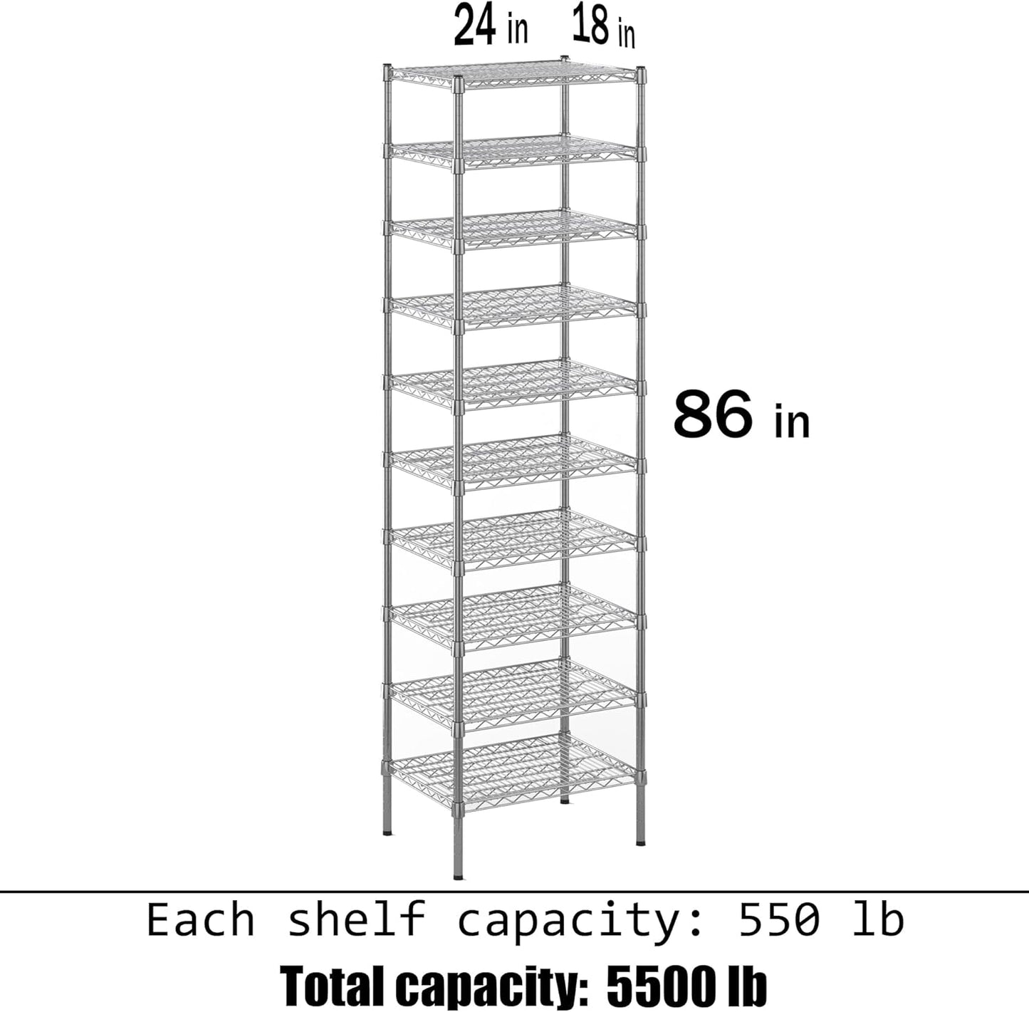 18" Deep x 24" Wide x 86" Height Wire Shelving Kit | 10-Tier | NSF Commercial Storage Rack Unit