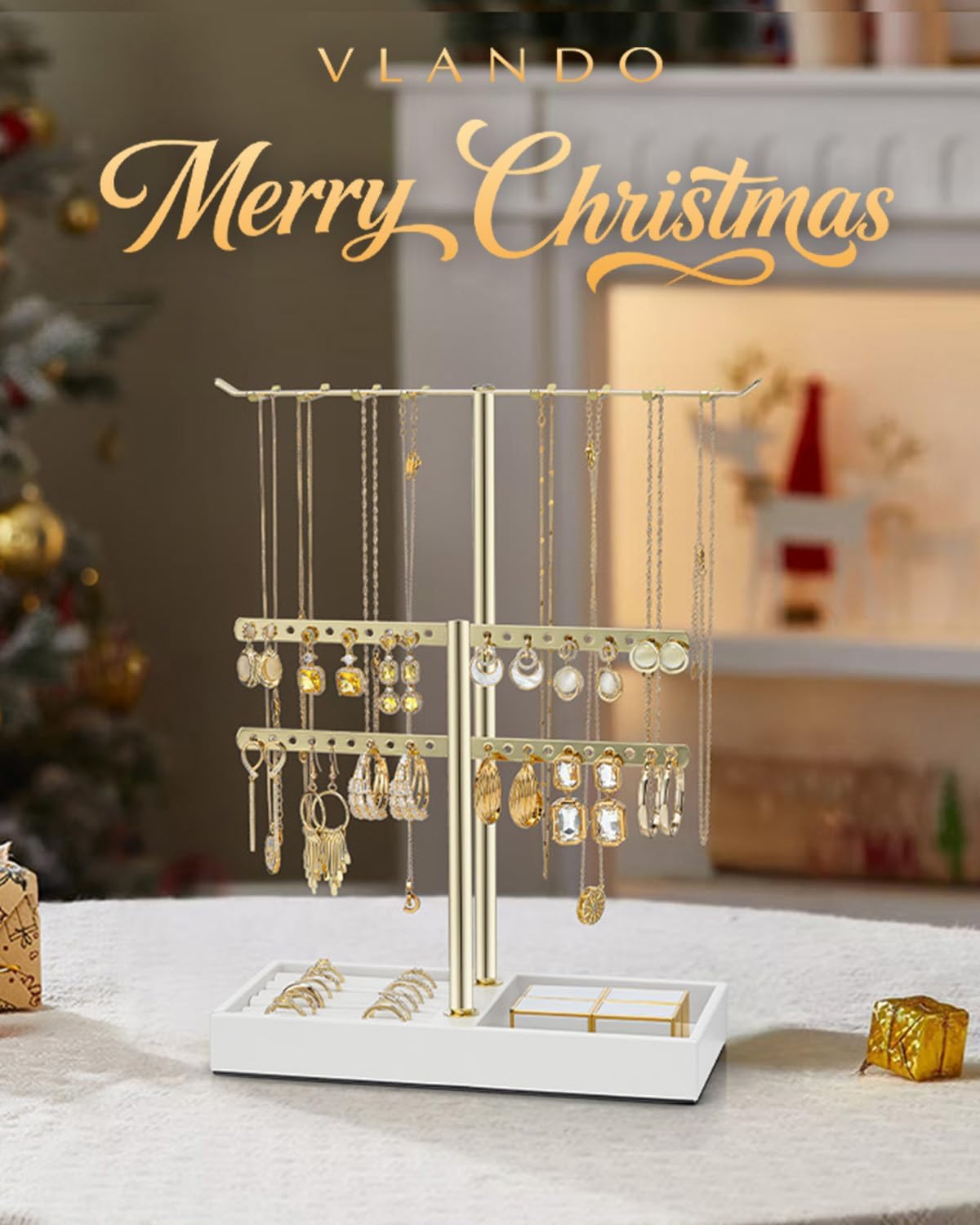 Vlando 2 Tier Jewelry Stand Organizer with Tary, Leather Jewelry Holder Display for Women, Gold Jewlery Holder Stand for Necklace, Earring, Bracelet, Rings - White