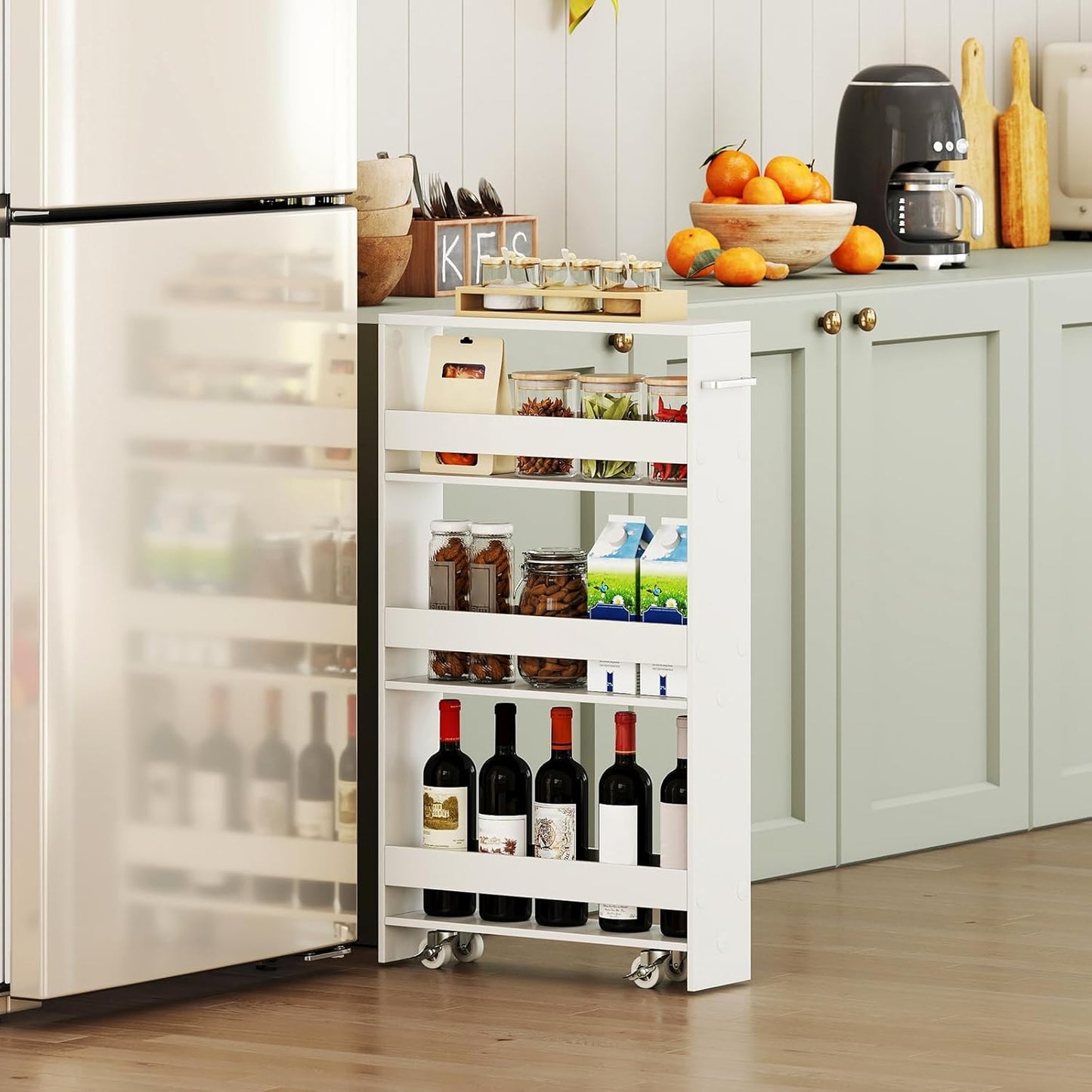 Small Kitchen Cart, 4-Tier Slim Rolling Island w/Handle, Laundry Room Storage Organizers Between Washer and Dryer, Narrow Spice Rack on Wheels Next to Fridge (White, 5'')