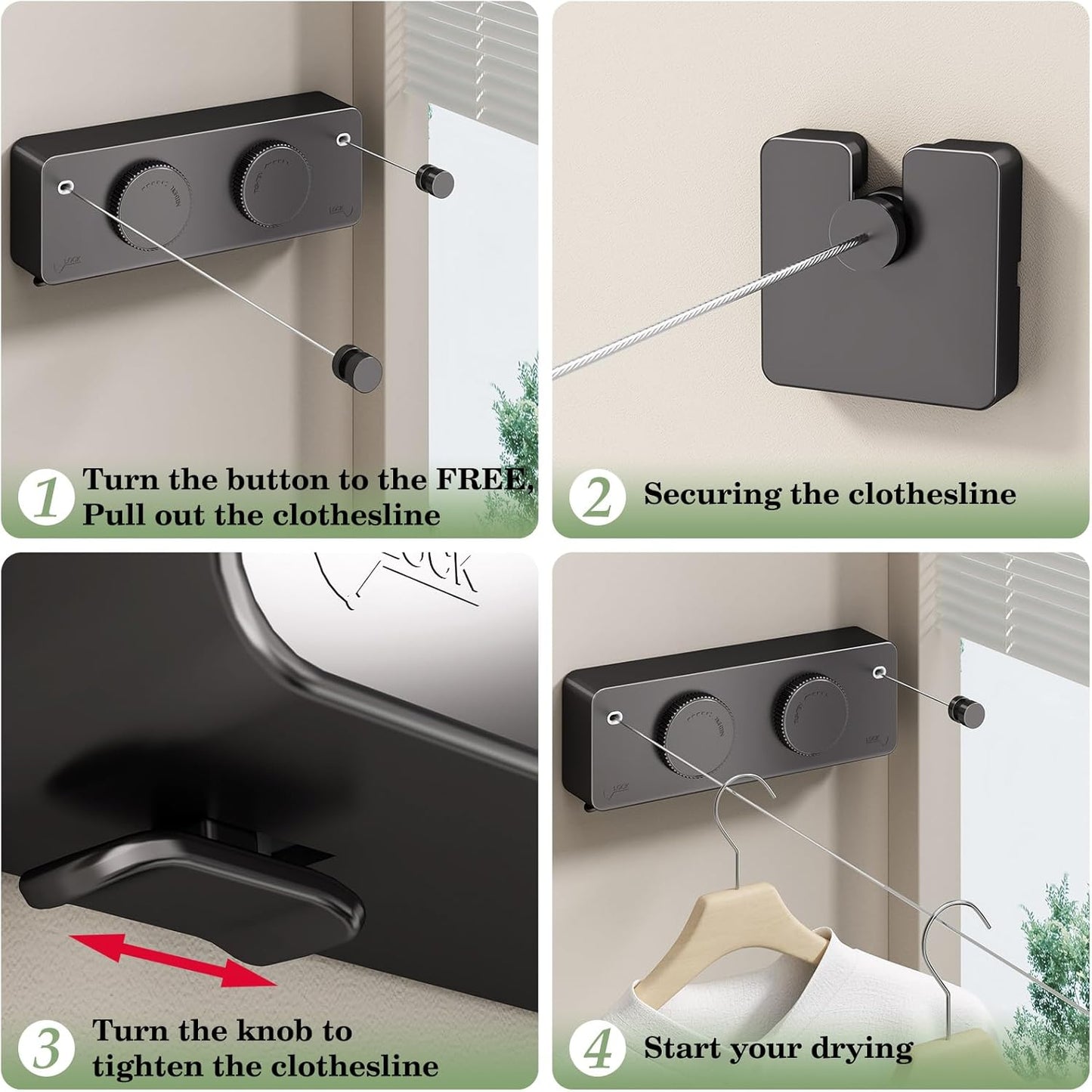 Danpoo Retractable Clothesline, Anti-Sag Adjustable Knob Heavy-Duty Clothes Line for Indoors/Outdoors with 2 * 13.8ft Stainless Steel Wire, Laundry Wall Drying Solutions,Black
