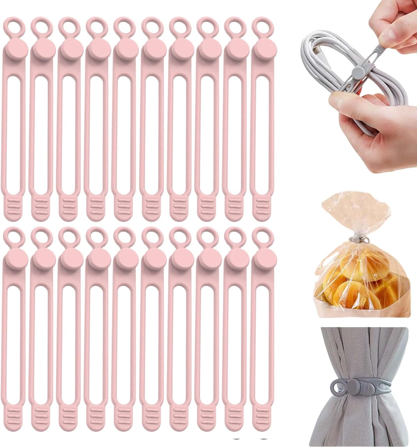 Data Cable Organizer, Silicone Cable Ties Reusable - Elastic Cord Organizer for Electronics, Adjustable Wire Ties for Cable Management,Computer Wires,Phone Charger,Earphone,Home Office (Pink, 10PCS)