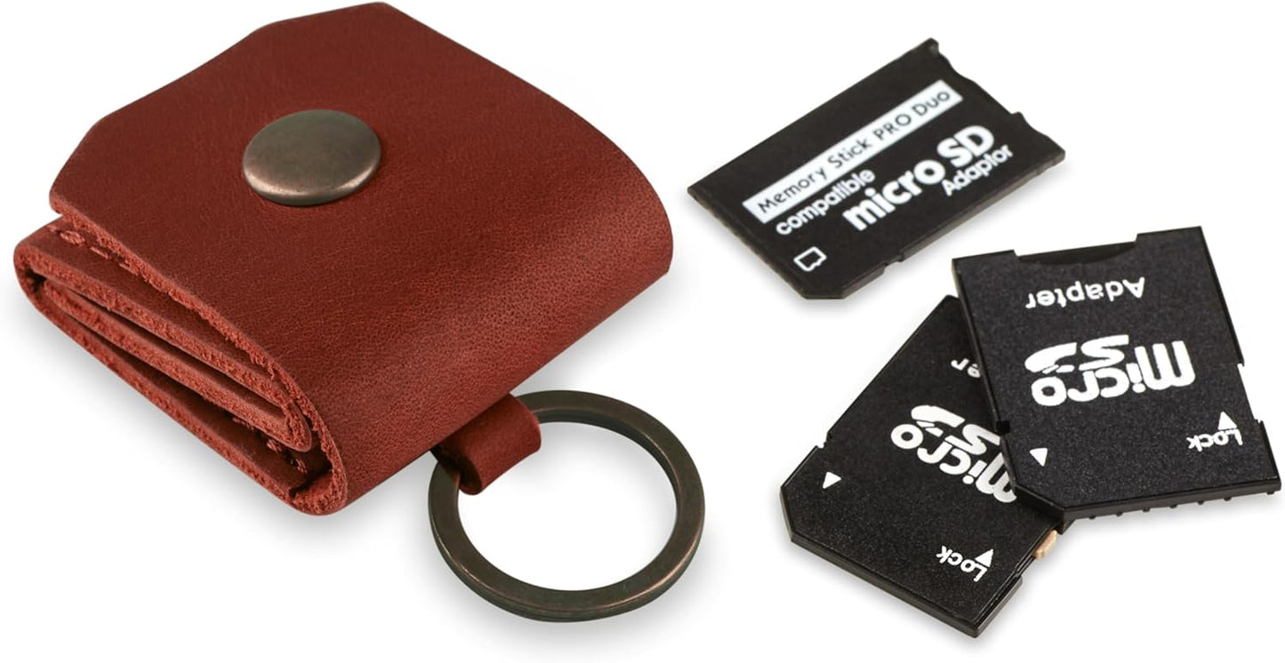 Leather SD Card Holder Keychain, SD Card Case Key Fob, Micro SD Card Holder Organizer, SD Card Storage Case, Memory Card Case Cover, Travel Memory Card Case (Cognac)