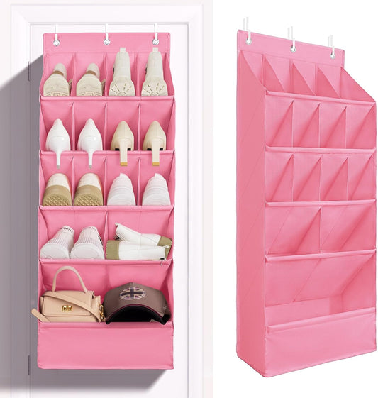 FENTEC 1 Pack Over-the-Door-Shoe-Organizers, Hanging Shoe Organizers with Large Pocket Shoe Holder Hanging Shoe Rack for Closet Shoes Organizer for Wall, Over Door Organizer with 15 Pockets Pink