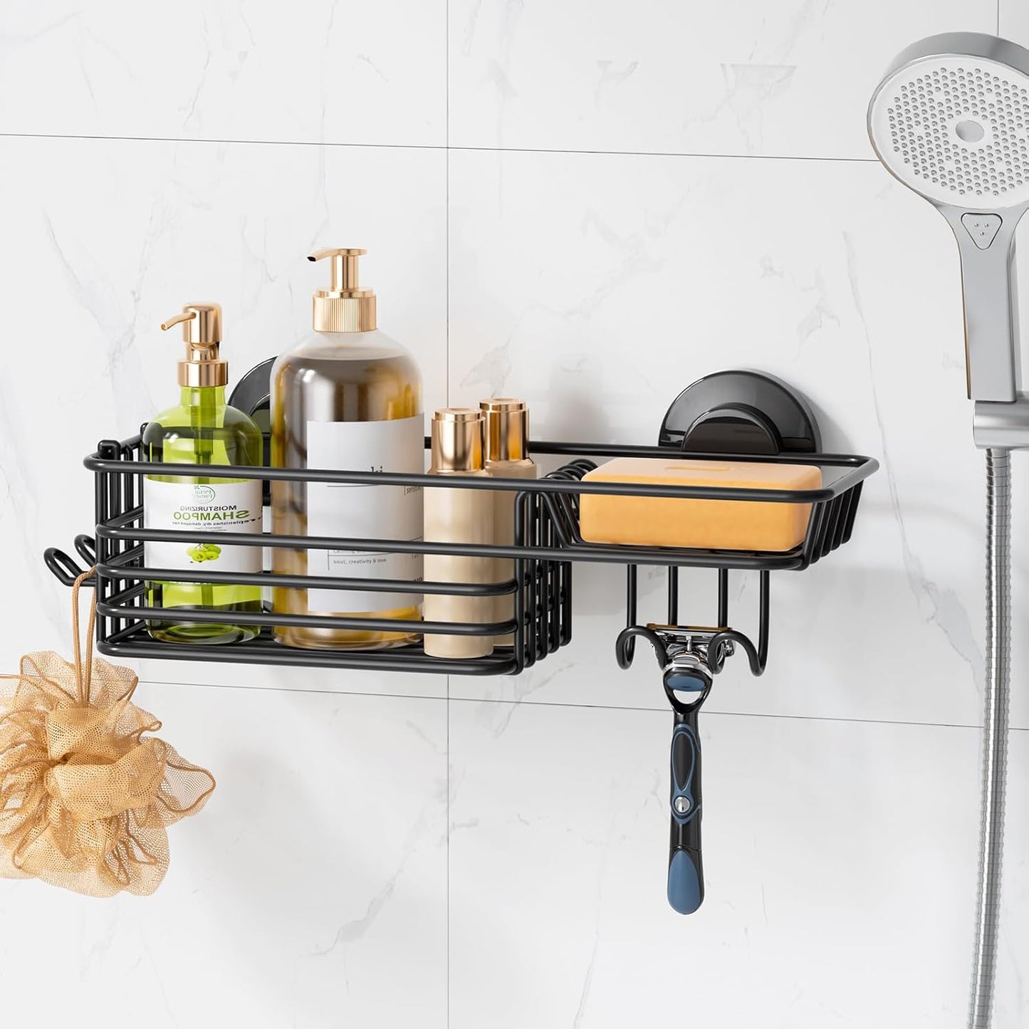 LEVERLOC Shower Caddy Suction Cup, Suction Caddy with Hooks and Soap Holder for Bathroom, No-Drilling Bathroom Shower Organizer, Black