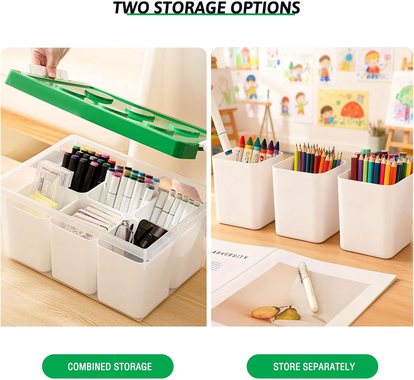 loobuu Plastic Storage Bins with Lids, Art Craft Supply Organizer Box with Brush Pot, Multipurpose Stackable Storage Containers for Organizing Tool, Craft, Crayon,Sewing (Green)