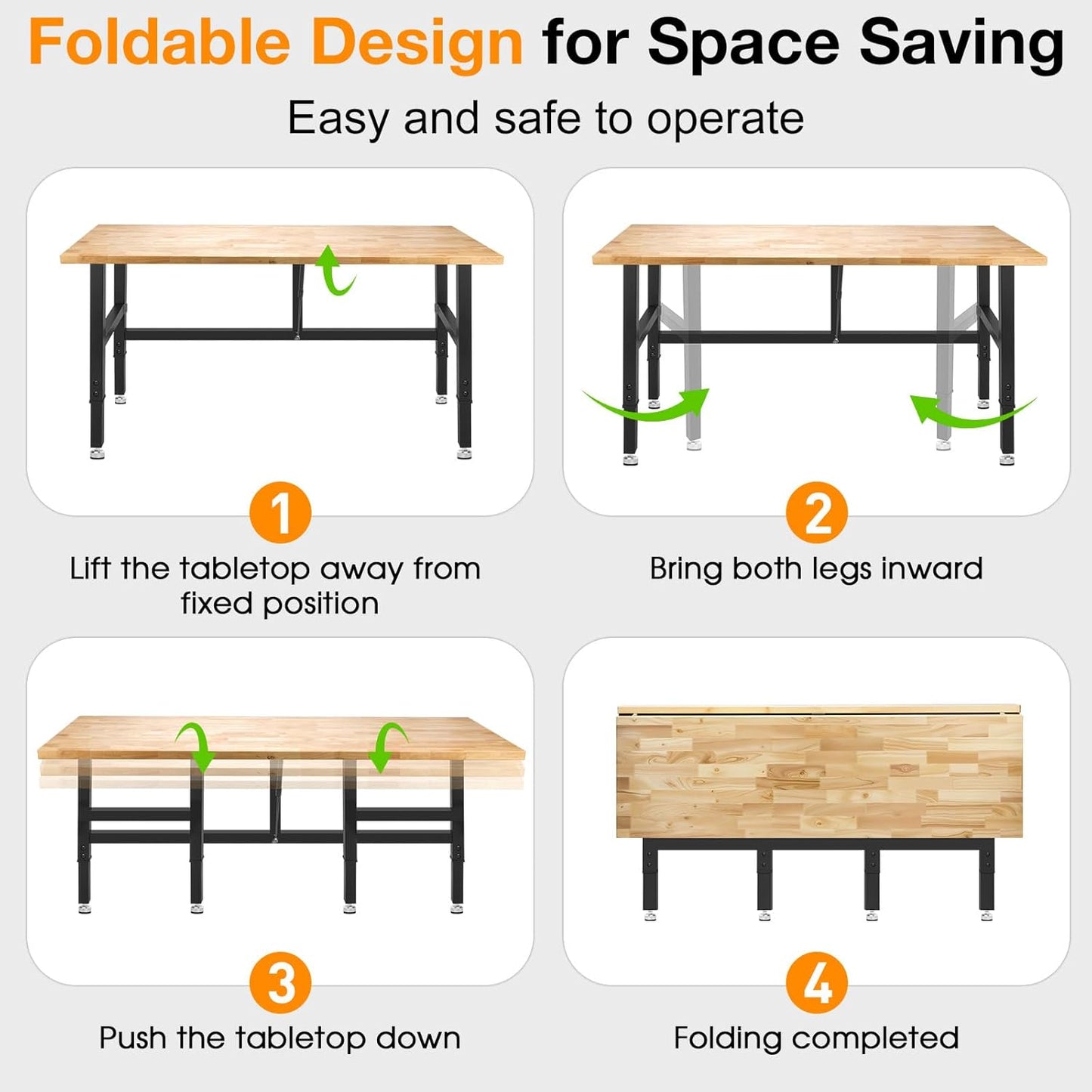 60” Folding Workbench, 2000 LBS Capacity Heavy Duty Workbench, Height Adjustable Foldable Work Table, Rubberwood Collapsible Desk for Workshop, Garage, Office, Home