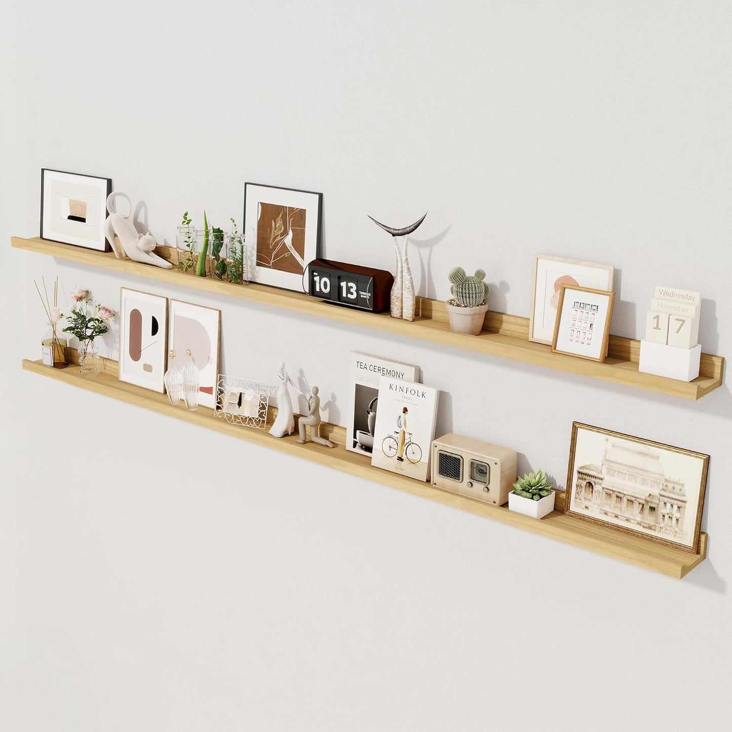 Axeman Oak Floating Shelves | 72 Inch Picture Ledge Shelf Set of 2 | Rustic Oak Picture Shelf for Wall with Ledge | Wall Shelves with Lip | Photo Ledge Shelves for Books Album Records